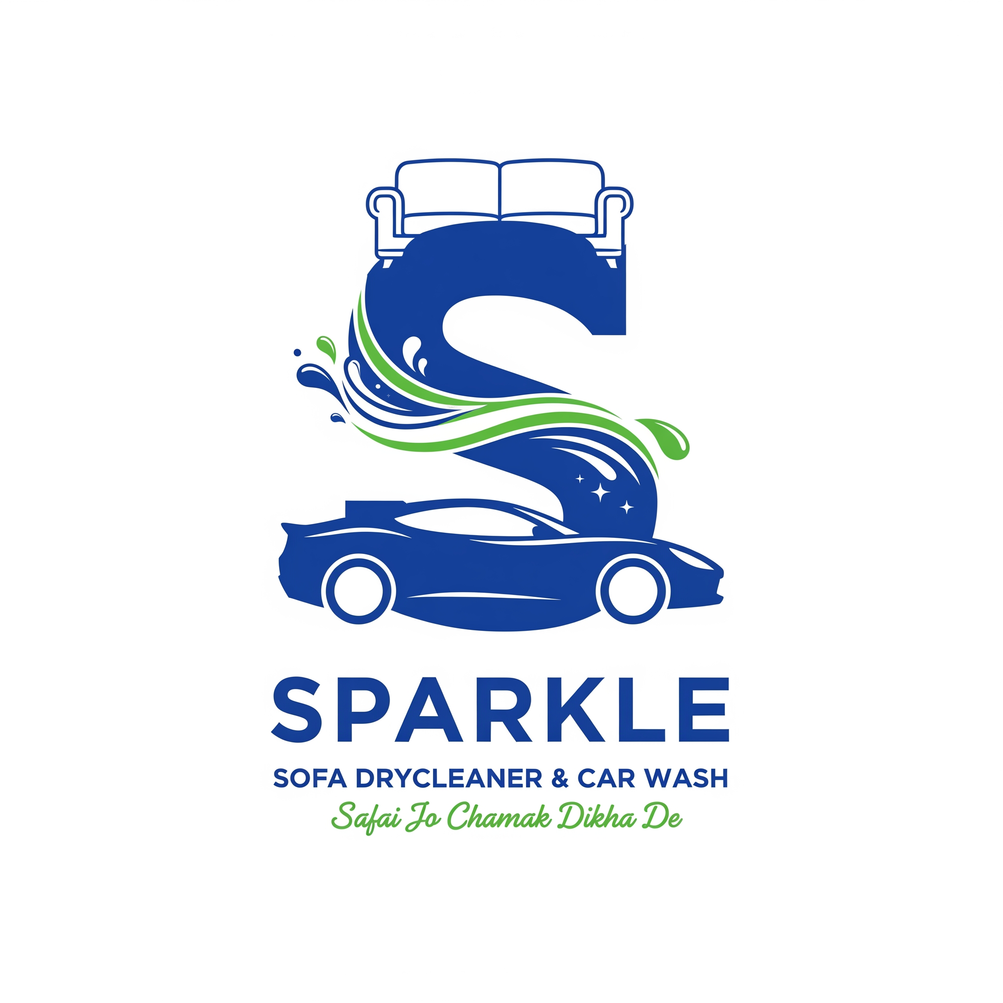 AI Design for Create a premium modern vector logo for "SPARKLE".
Business:
Sofa Drycleaner & Car Wash
Logo Concept:
Design a bold and unique letter "S" as the main brand symbol.
The upper curve of the "S" should naturally integrate a premium sofa silhouette.
The lower curve of the "S" should naturally integrate a sleek luxury car silhouette.
A dynamic water splash should flow through the center of the "S", connecting the sofa and car in a creative and elegant way.
The design should feel powerful, memorable, modern and premium.
Typography:
Brand Name:
SPARKLE
Below:
SOFA DRYCLEANER & CAR WASH
Tagline:
Safai Jo Chamak Dikha De
Color Palette:
Royal Blue
Fresh Green
White
Design Style:
Luxury branding
Modern commercial logo
Flat vector design
Minimal but impactful
Clean geometric shapes
High-end detailing company look
Suitable for:
T-shirt printing
Shop boards
Flex banners
Vehicle branding
Business cards
Social media
Stickers
Uniform branding
Important Requirements:
Make the "S" the hero element.
The sofa and car should be part of the S shape, not separate icons.
Water splash should blend naturally with the S.
Bold and thick S shape.
Strong visual impact from a distance.
Instantly recognizable.
Professional SVG-style logo.
White background.
No 3D effects.
No gradients.
No shadows.
No clipart.
No cartoon style.
No stock icons.
No unnecessary details.
Brand Feel:
Premium
Clean
Modern
Trustworthy
Powerful
Luxury
Memorable
Corporate
The final logo should look like a national-level premium cleaning and detailing brand, suitable for large shop boards and T-shirt printing.