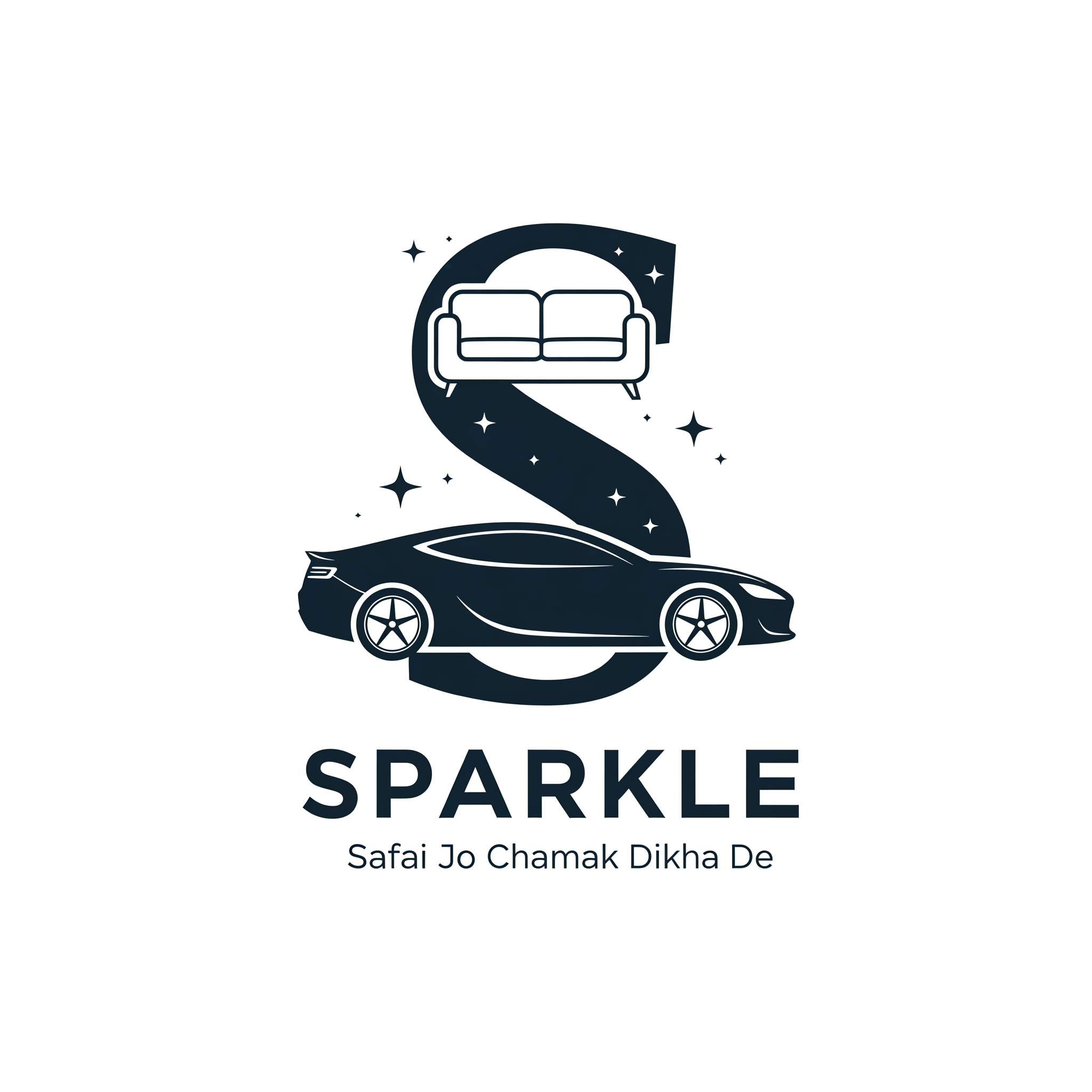 AI Design for Create a premium modern logo for SPARKLE.
Use the letter "S" as the main logo symbol.
The upper curve of S should form a sofa silhouette.
The lower curve of S should form a sleek car silhouette.
Add subtle sparkle stars around the S.
No water droplet.
Bold premium typography:
SPARKLE
Tagline:
Safai Jo Chamak Dikha De
Flat vector design.
Luxury branding.
Minimal.
Memorable.
Suitable for T-shirts, shop boards, vehicle stickers and premium brand identity.
No 3D.
No gradients.
No shadows.
White background.
SVG vector style.