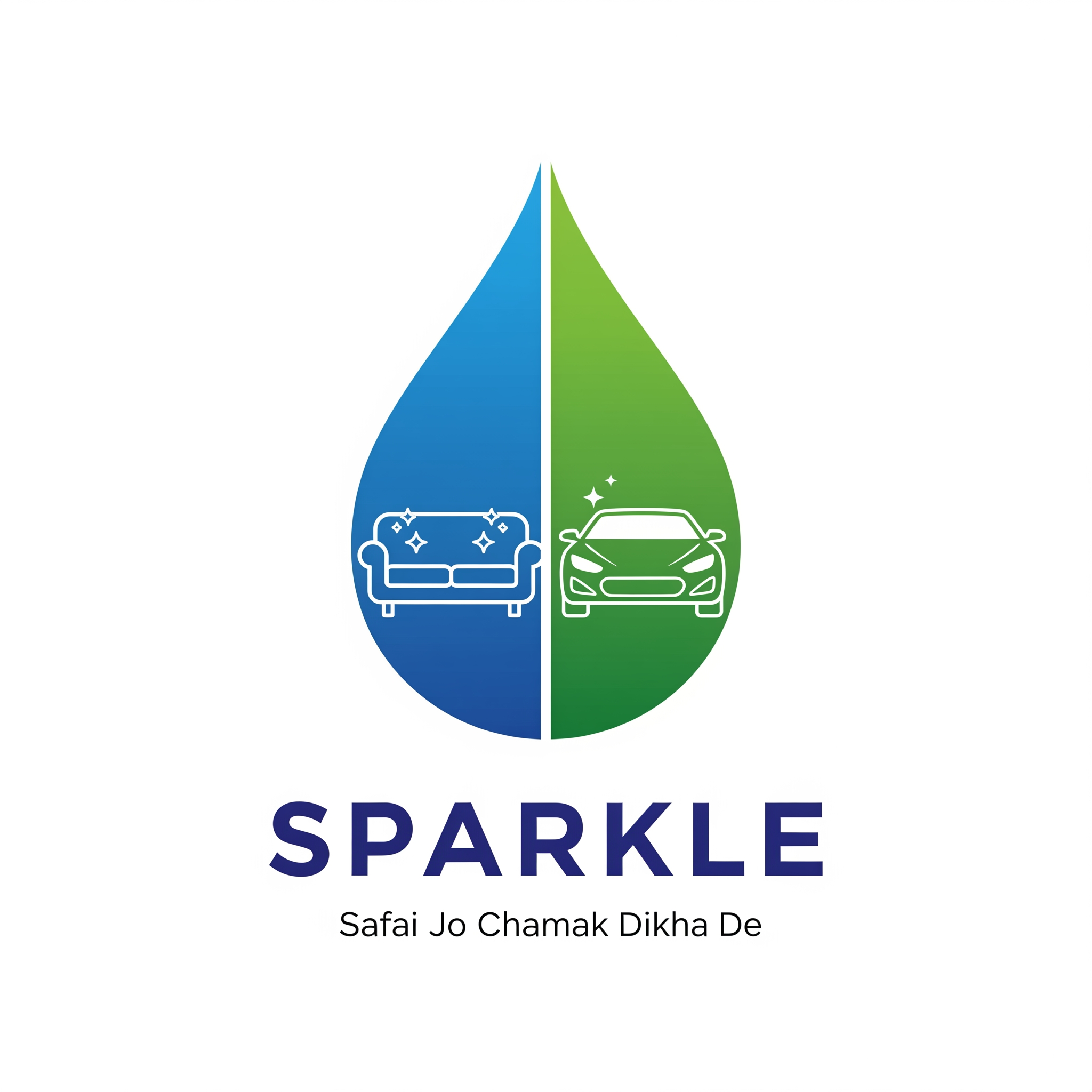 AI Design for Premium modern vector logo for SPARKLE.
A single blue and green water droplet.
Inside the droplet:
clean sofa on left,
modern car on right.
Both icons integrated inside the droplet.
Bold SPARKLE text below.
Tagline:
Safai Jo Chamak Dikha De
Flat vector design.
Minimal.
Professional.
No 3D.
No gradients.
No shadows.
No cartoon style.
Suitable for shop board and vehicle branding.