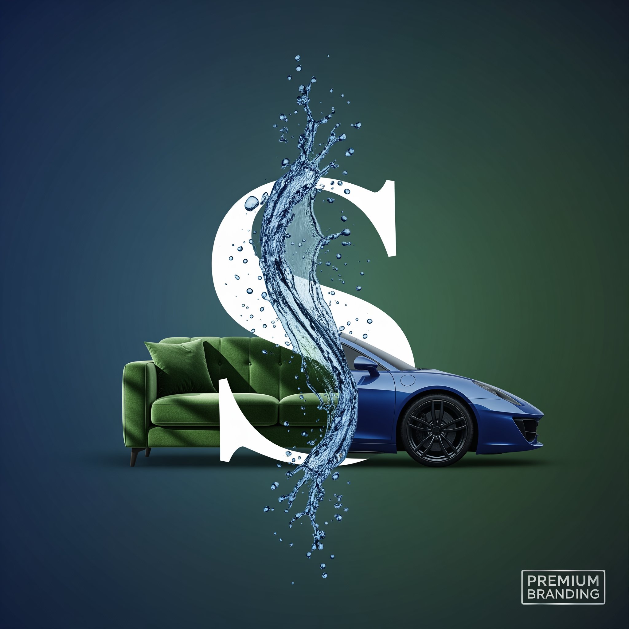 AI Design for SPARKLE
Letter "S" ko design karo:
Left side sofa shape
Right side car silhouette
Beech me water splash
Blue + Green color theme
Minimal premium branding
