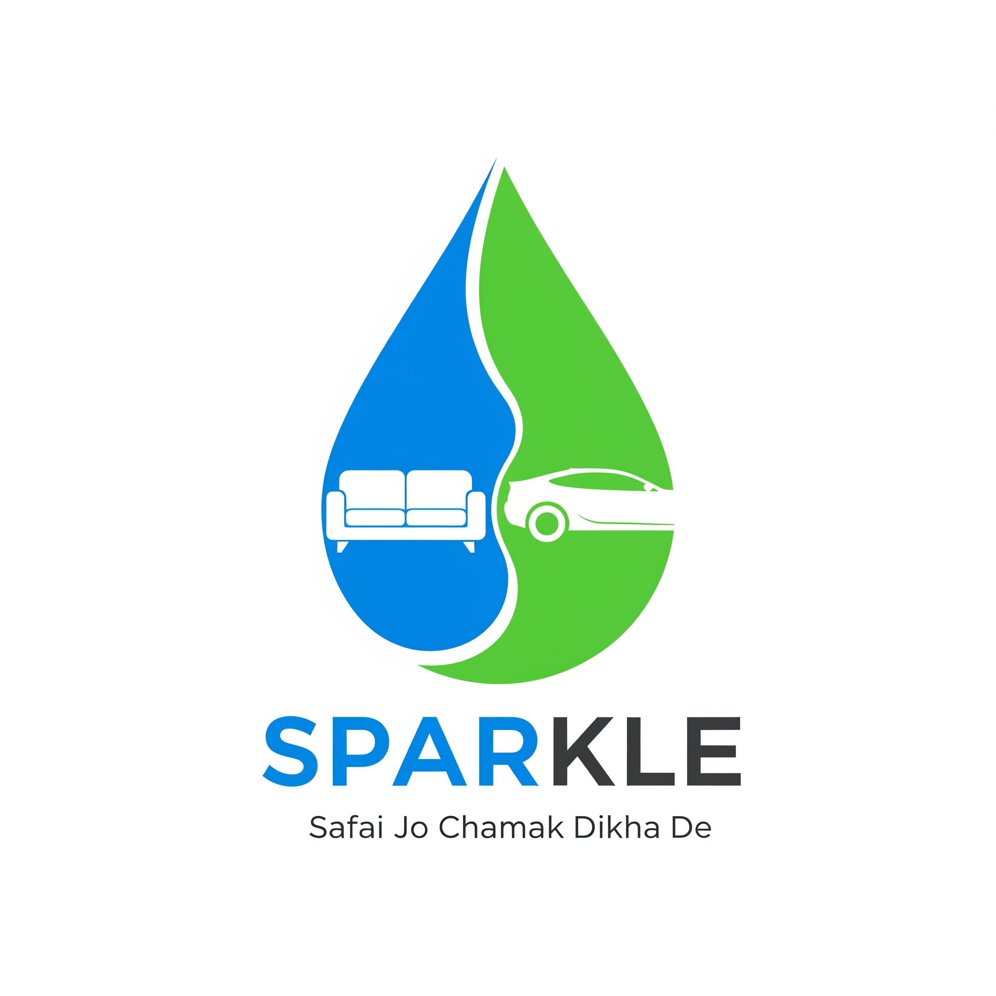 AI Design for Premium modern vector logo for SPARKLE.
A single blue and green water droplet.
Inside the droplet:
clean sofa on left,
modern car on right.
Both icons integrated inside the droplet.
Bold SPARKLE text below.
Tagline:
Safai Jo Chamak Dikha De
Flat vector design.
Minimal.
Professional.
No 3D.
No gradients.
No shadows.
No cartoon style.
Suitable for shop board and vehicle branding.
