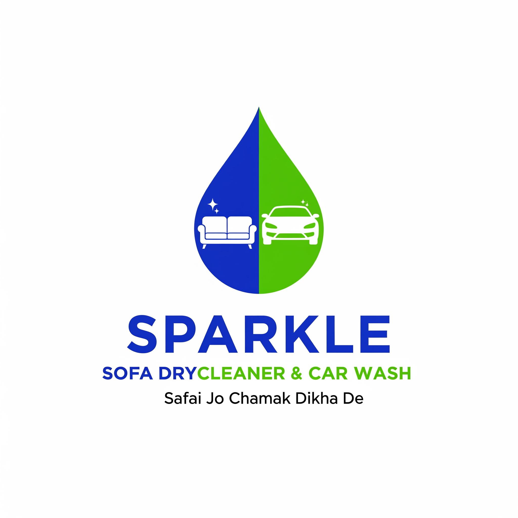 AI Design for Create a premium, minimalist vector logo for "SPARKLE".
Business:
Sofa Drycleaner & Car Wash
Logo Symbol:
A single elegant water droplet combining royal blue and fresh green.
Inside the droplet:
• Modern sofa on the left
• Modern car on the right
• Icons fully integrated within the droplet
• Balanced, symmetrical composition
Typography:
SPARKLE
Below:
SOFA DRYCLEANER & CAR WASH
Tagline:
Safai Jo Chamak Dikha De
Style:
• Premium brand identity
• Flat vector design
• Clean geometric lines
• Modern commercial branding
• Memorable and instantly recognizable
• Suitable for shop boards, vehicle branding, uniforms, visiting cards, social media and packaging
Colors:
• Royal Blue
• Fresh Green
• White
Requirements:
• SVG-style vector logo
• White background
• Centered composition
• High contrast
• Professional typography
• Corporate branding quality
Strictly Avoid:
• 3D effects
• Gradients
• Shadows
• Glow effects
• Cartoon style
• Mascots
• Realistic illustrations
• Clipart
• Excessive details
• Background graphics
• Mockups
Make the logo look like a professionally designed brand mark that can be used by a national-level cleaning and detailing company.
Reference Style:
Simple like modern automotive brands and premium service company logos.
Prioritize simplicity, readability, scalability and print quality.
