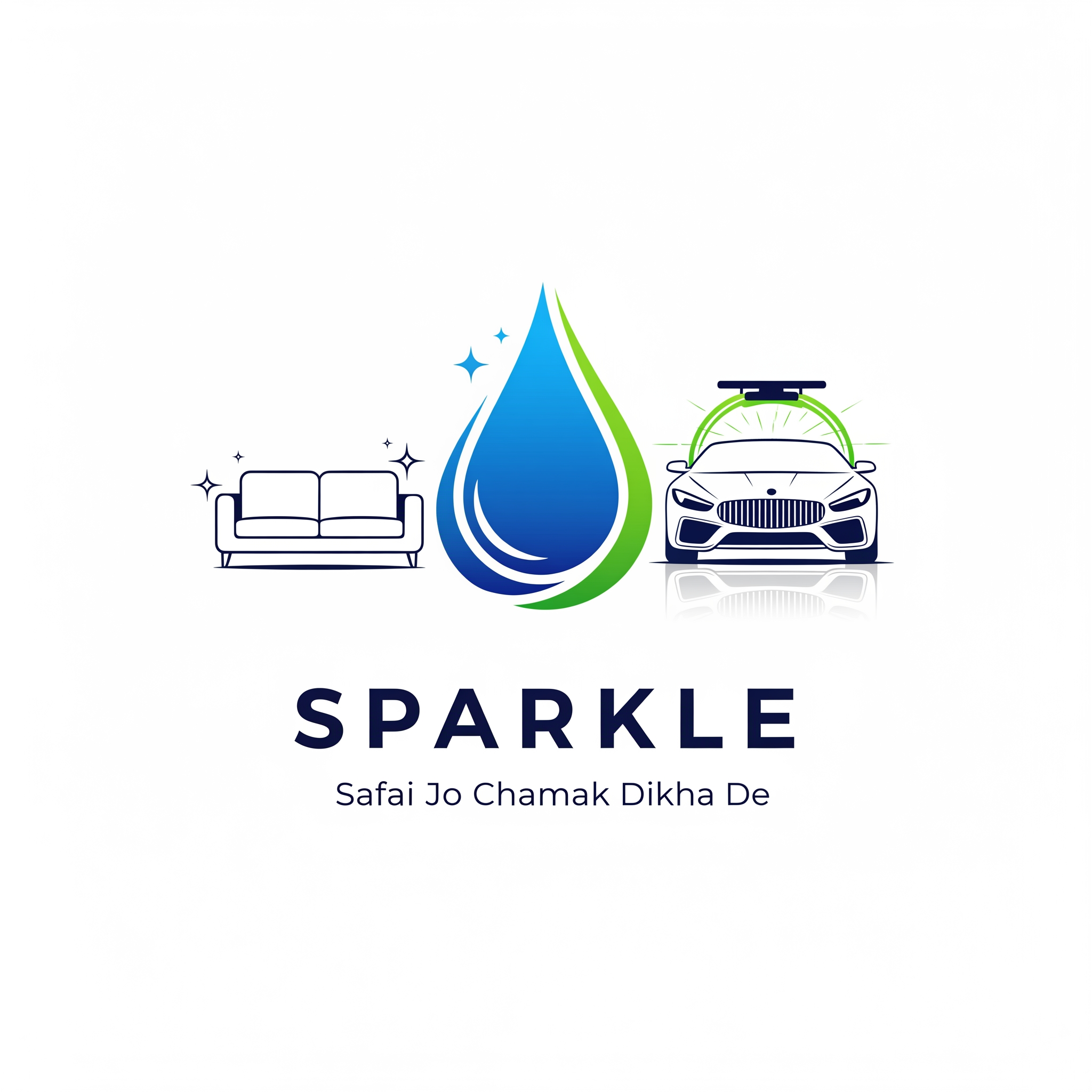 AI Design for Modern premium vector logo for SPARKLE Sofa Drycleaner & Car Wash.
Blue and green water drop symbol.
Luxury car on right.
Clean sofa on left.
Minimal flat vector design.
Bold SPARKLE typography.
Tagline: Safai Jo Chamak Dikha De.
Professional, print-ready, transparent background.