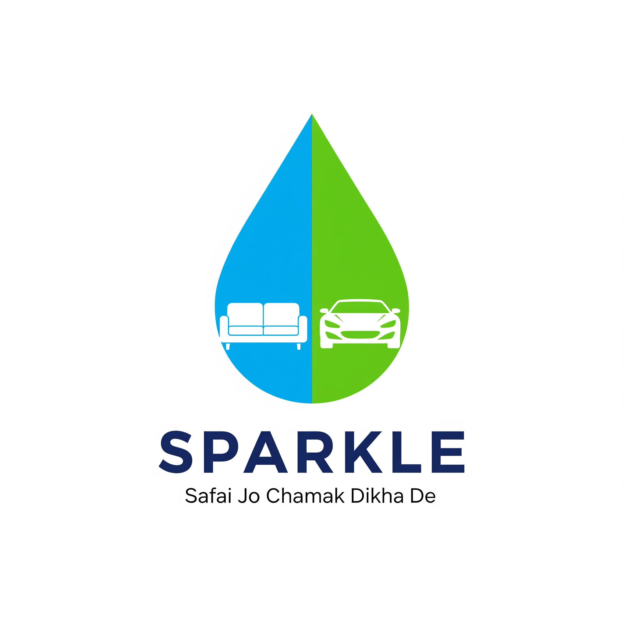 AI Design for Premium modern vector logo for SPARKLE.
A single blue and green water droplet.
Inside the droplet:
clean sofa on left,
modern car on right.
Both icons integrated inside the droplet.
Bold SPARKLE text below.
Tagline:
Safai Jo Chamak Dikha De
Flat vector design.
Minimal.
Professional.
No 3D.
No gradients.
No shadows.
No cartoon style.
Suitable for shop board and vehicle branding.