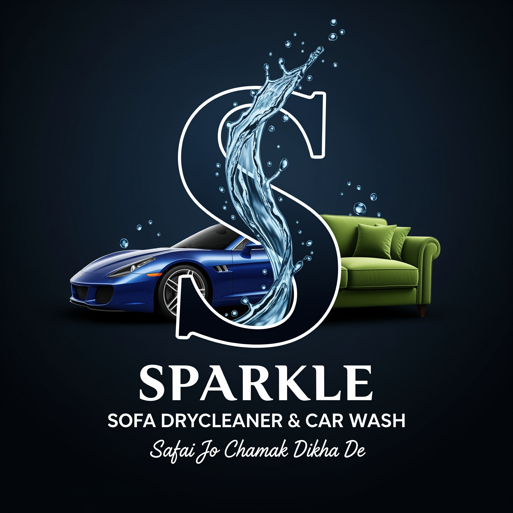 AI Design for Create a premium luxury logo for "SPARKLE".
Use a large stylish letter "S" as the central hero element.
The letter S should be elegant, bold and premium.
A realistic luxury blue sports car should be seamlessly integrated into the lower portion of the S.
A premium green sofa should be seamlessly integrated into the opposite side of the S.
A dynamic water splash should flow vertically through the center of the S, symbolizing cleaning, freshness and transformation.
The sofa and car must look naturally connected to the S, not separate floating objects.
Typography:
SPARKLE
SOFA DRYCLEANER & CAR WASH
Tagline:
Safai Jo Chamak Dikha De
Style:
Premium branding
Luxury commercial logo
High-end detailing company
Modern advertising poster style
Eye-catching
Professional
Memorable
Color Palette:
Deep Royal Blue
Luxury Green
White
Dark Navy
Composition:
Large S in center
Sofa integrated into S
Sports car integrated into S
Water splash passing through S
Brand name below in stylish luxury typography
Service name below brand name
Tagline at bottom
Background:
Dark luxury gradient background
Professional branding presentation
High-end marketing poster look
Suitable for:
T-shirt printing
Shop boards
Flex banners
Vehicle branding
Social media marketing
Business profile branding
Make it look like a premium national-level brand identity, not a simple vector icon.