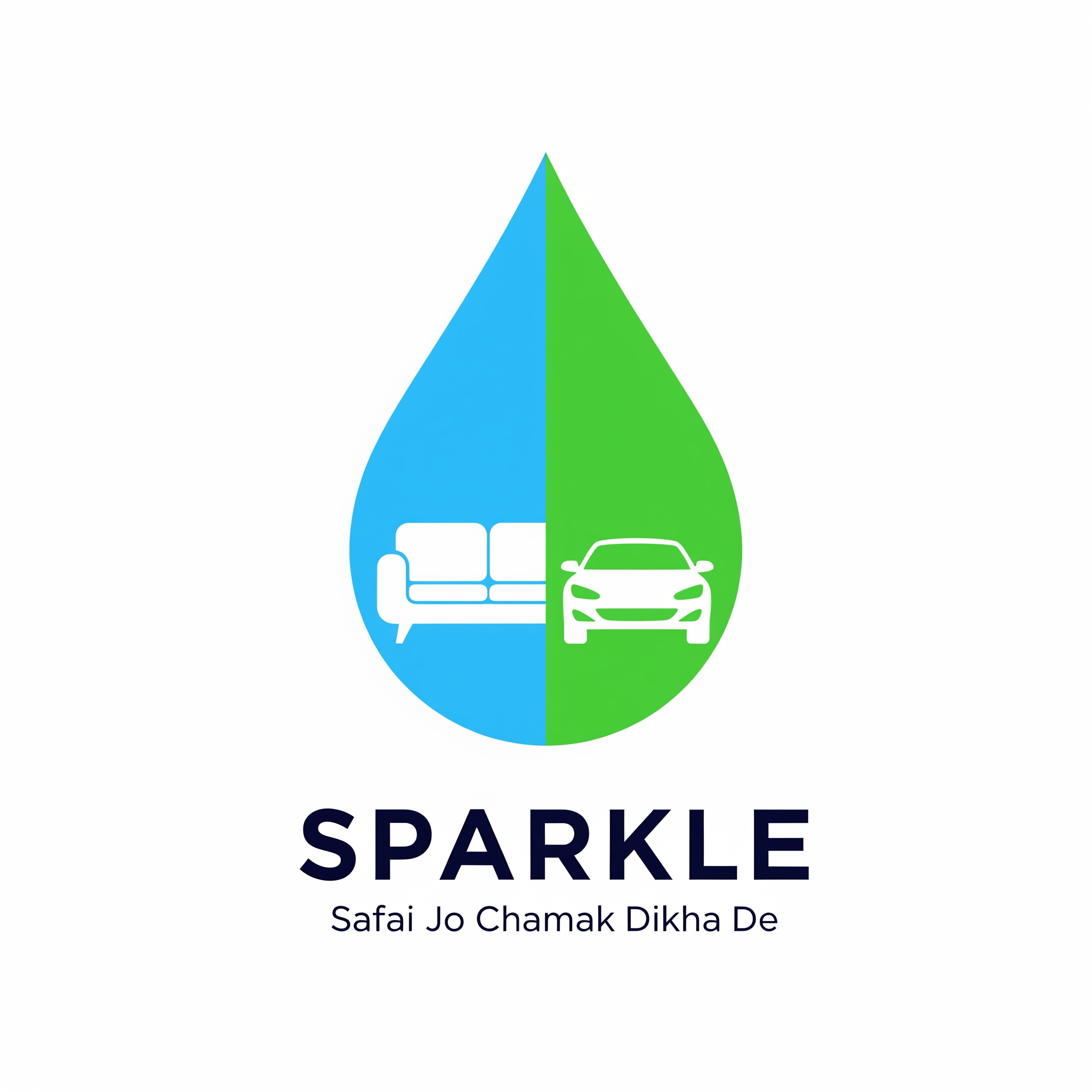 AI Design for Premium modern vector logo for SPARKLE.
A single blue and green water droplet.
Inside the droplet:
clean sofa on left,
modern car on right.
Both icons integrated inside the droplet.
Bold SPARKLE text below.
Tagline:
Safai Jo Chamak Dikha De
Flat vector design.
Minimal.
Professional.
No 3D.
No gradients.
No shadows.
No cartoon style.
Suitable for shop board and vehicle branding.