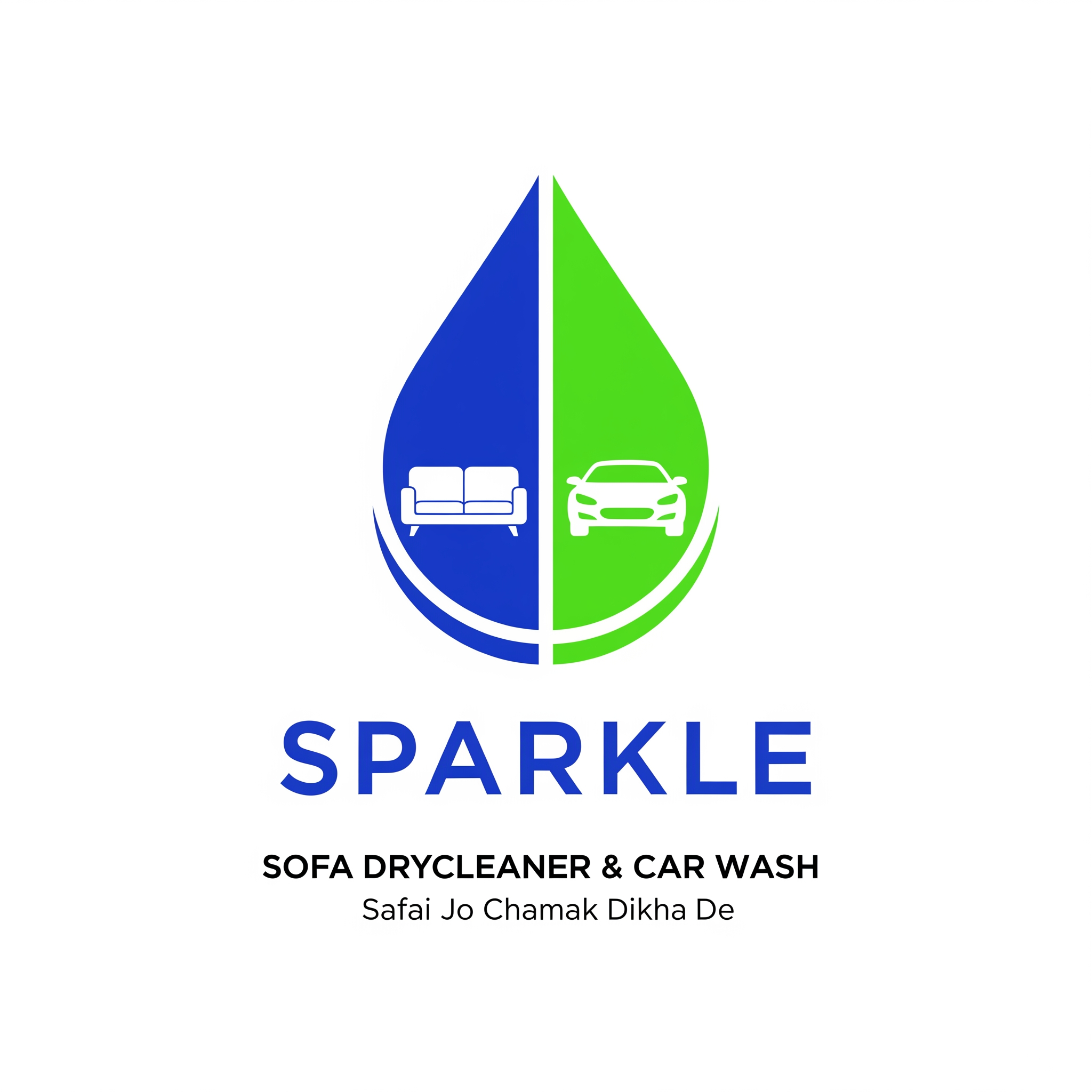AI Design for Create a premium, minimalist vector logo for "SPARKLE".
Business:
Sofa Drycleaner & Car Wash
Logo Symbol:
A single elegant water droplet combining royal blue and fresh green.
Inside the droplet:
• Modern sofa on the left
• Modern car on the right
• Icons fully integrated within the droplet
• Balanced, symmetrical composition
Typography:
SPARKLE
Below:
SOFA DRYCLEANER & CAR WASH
Tagline:
Safai Jo Chamak Dikha De
Style:
• Premium brand identity
• Flat vector design
• Clean geometric lines
• Modern commercial branding
• Memorable and instantly recognizable
• Suitable for shop boards, vehicle branding, uniforms, visiting cards, social media and packaging
Colors:
• Royal Blue
• Fresh Green
• White
Requirements:
• SVG-style vector logo
• White background
• Centered composition
• High contrast
• Professional typography
• Corporate branding quality
Strictly Avoid:
• 3D effects
• Gradients
• Shadows
• Glow effects
• Cartoon style
• Mascots
• Realistic illustrations
• Clipart
• Excessive details
• Background graphics
• Mockups
Make the logo look like a professionally designed brand mark that can be used by a national-level cleaning and detailing company.
Reference Style:
Simple like modern automotive brands and premium service company logos.
Prioritize simplicity, readability, scalability and print quality.