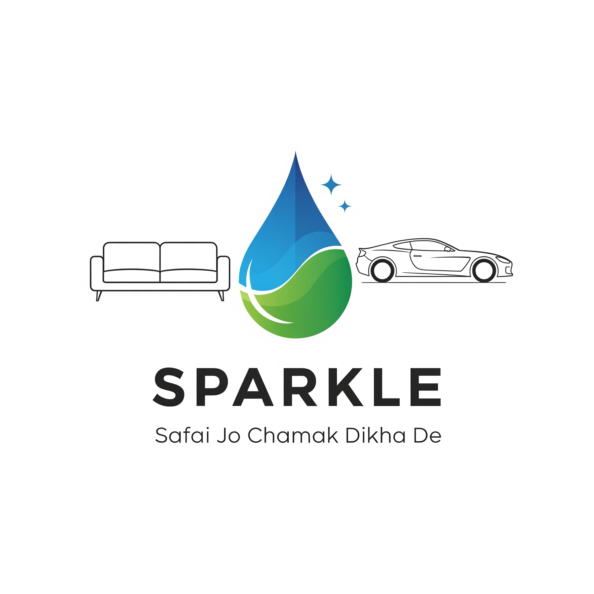 AI Design for Modern premium vector logo for SPARKLE Sofa Drycleaner & Car Wash.
Blue and green water drop symbol.
Luxury car on right.
Clean sofa on left.
Minimal flat vector design.
Bold SPARKLE typography.
Tagline: Safai Jo Chamak Dikha De.
Professional, print-ready, transparent background.