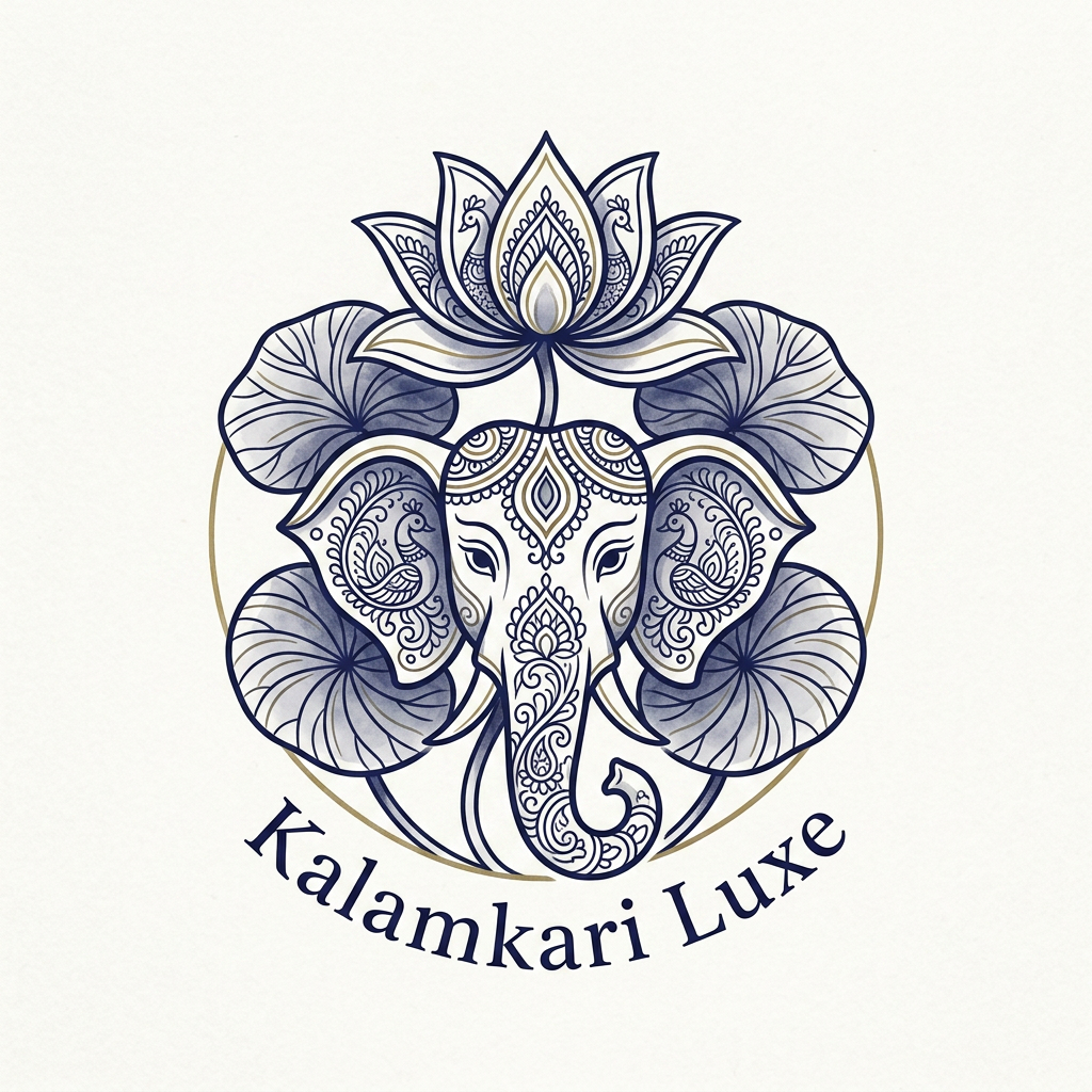 AI Design for i want more minimal because the store is related to luxury life style but they want indian asthetic to show the mix ofelephant and lotus ( can use only elephant face,trunk, as well lotus leaf or petal to make it clean) like some ancient art style of india like Kalamkariart