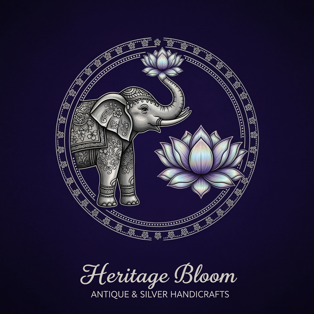 AI Design for create an logo for an antique handicrafts or silver handicrafts store logo they want to represent these in the vibrance of elephant and lotus which resembles trust elegance and luxury lifestyle and the company will also be in the import export for the handicrafts but the motive of the brand is to stand out in the market and represent an handicraft iteam and luxury antique, vintage for middle class to an billlionare sto the logo should be somehting like can go wit the store branding socail embossing crafting and symbolize everything