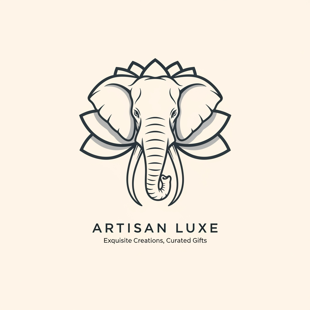 AI Design for create soemthing unqiue with a mix of elephant and lotus it should be minial can convey the mesaage of unique handicrafts, luxury gifitngs