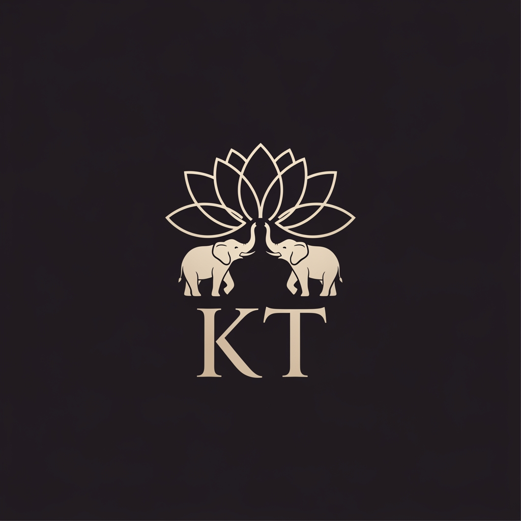 AI Design for generate an inital logo using kt as jwelley brand clean minimal fo rluxury store take refrence from worl dbest jwellery shops logos implant lotus with two small elephant fcing each other