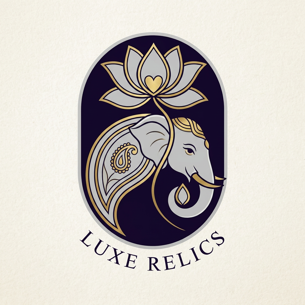 AI Design for i want more minimal because the store is related to luxury life style but they want indian asthetic to show the mix ofelephant and lotus ( can use only elephant face,trunk, as well lotus leaf or petal to make it clean) like some ancient art style of india like Kalamkariart but it should be clean which can eaisly printable for embossing jwellery part