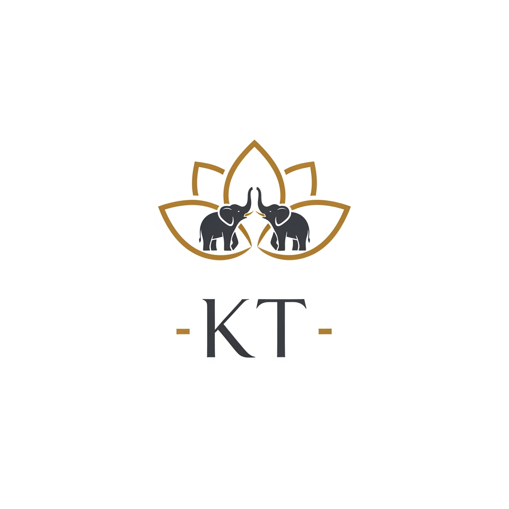 AI Design for generate an inital logo using kt as jwelley brand clean minimal fo rluxury store take refrence from worl dbest jwellery shops logos implant lotus with two small elephant fcing each other