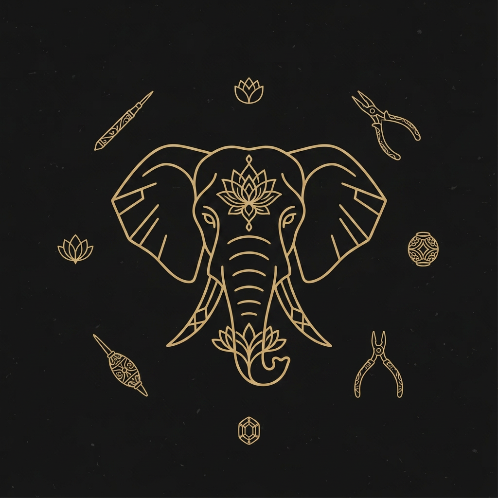AI Design for create soemthing unqiue with a mix of elephant and lotus it should be minial can convey the mesaage of unique handicrafts, luxury gifitngs, Increase the elephant's visual dominance by about 10–15%.
