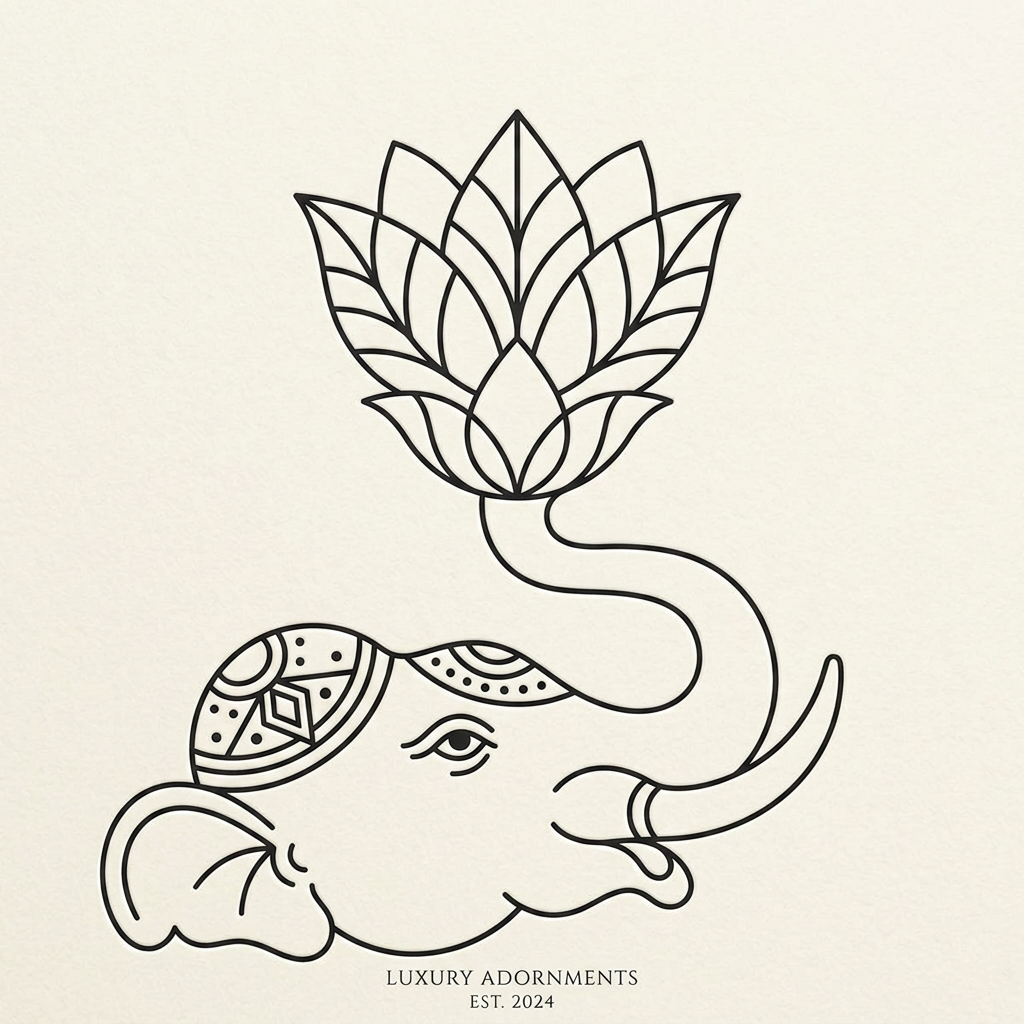 AI Design for i want more minimal because the store is related to luxury life style but they want indian asthetic to show the mix ofelephant and lotus ( can use only elephant face,trunk, as well lotus leaf or petal to make it clean) like some ancient art style of india like Gond Art but it should be clean which can eaisly printable for embossing jwellery part