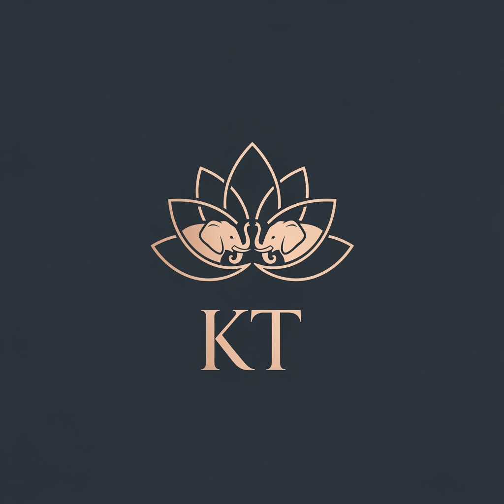 AI Design for generate an inital logo using kt as jwelley brand clean minimal fo rluxury store take refrence from worl dbest jwellery shops logos implant lotus with two small elephant fcing each other