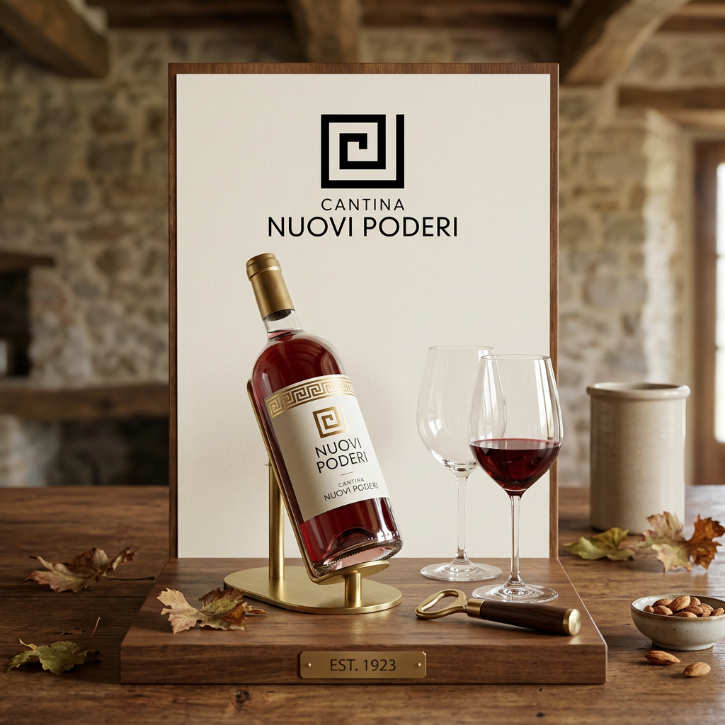 AI Design for Create a vertical layout for a tabletop display. It should be for the Nuovi Poderi italian winery. Use the logo I’m providing. Include one or more bottles from the Nuovi Poderi winery. The design should be simple yet elegant.