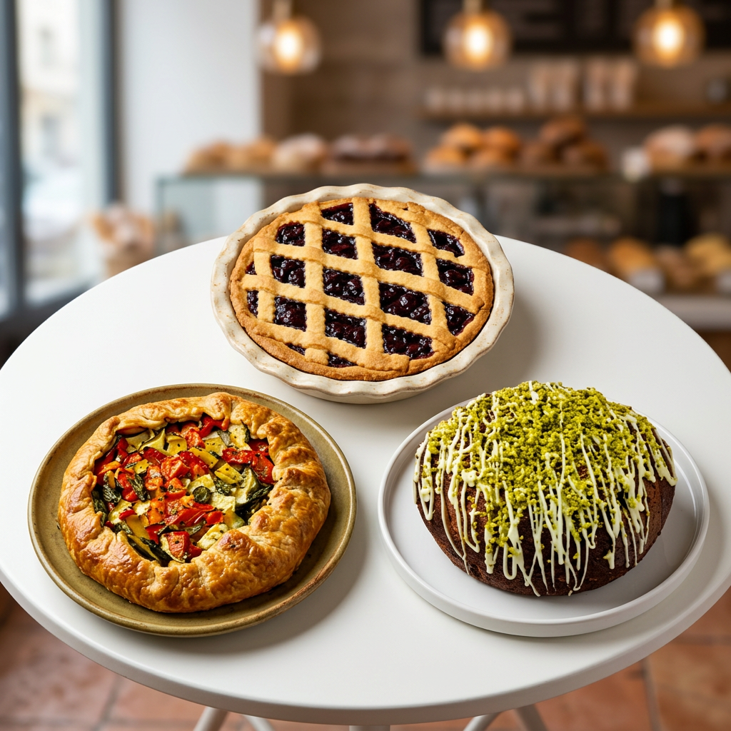 AI Design for Create a photo featuring a small round white table with the three products shown in the photo I’m providing. Enhance the photo’s quality and place a plate under each product. Remove the aluminum plates from the product on the left and the one at the top. The three products and the table in the background must be positioned correctly.