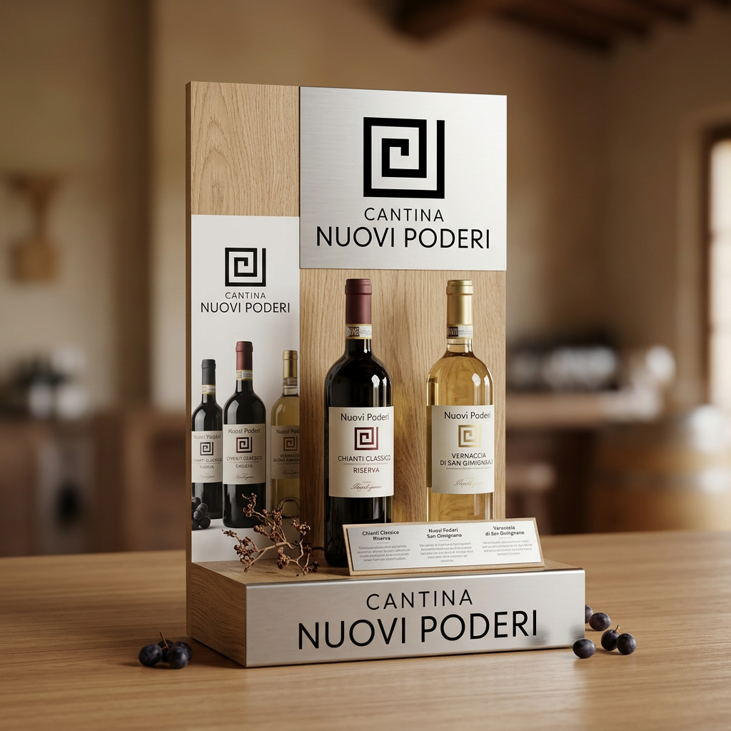 AI Design for Create a vertical layout for a tabletop display. It should be for the Nuovi Poderi italian winery. Use the logo I’m providing. Include one or more bottles from the Nuovi Poderi winery. The design should be very simple, minimalist yet elegant.