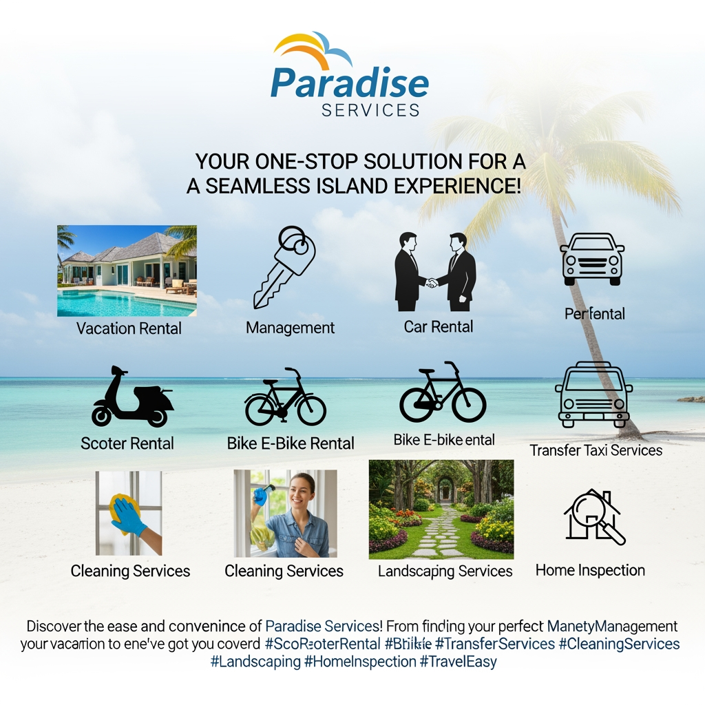 AI Design for Create an Instagram post to let people know that the company in question offers the following services: VACATION RENTAL, MANAGEMENT,
CAR RENTAL,
SCOOTER RENTAL,
BIKE AND E-BIKE RENTAL,
TRANSFER AND TAXI SERVICES,
CLEANING SERVICES,
LANDSCAPING SERVICES,
HOME INSPECTION