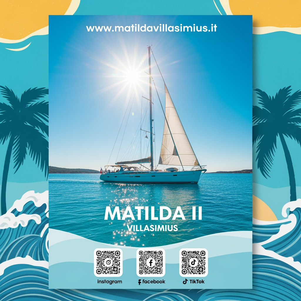 AI Design for Crea un volantino per sponsorizzare Matilda II di Villasimius. Questo è il sito. www.matildavillasimius.it. La grafica deve essere estiva e accativante. Usa almeno una foto di Matilda II. Inserisci tre qrcode che rimandino ai social.