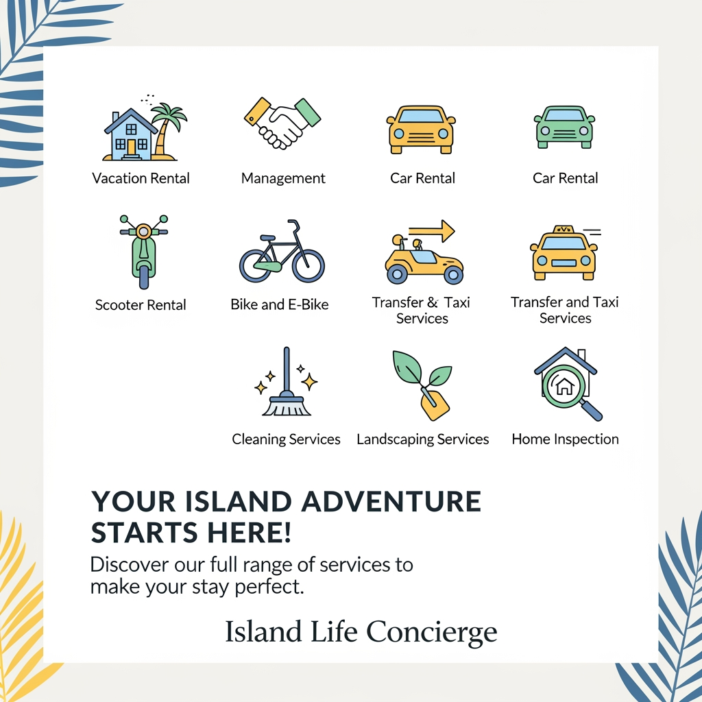 AI Design for Create an Instagram post to let people know that the company in question offers the following services: VACATION RENTAL, MANAGEMENT,
CAR RENTAL,
SCOOTER RENTAL,
BIKE AND E-BIKE RENTAL,
TRANSFER AND TAXI SERVICES,
CLEANING SERVICES,
LANDSCAPING SERVICES,
HOME INSPECTION