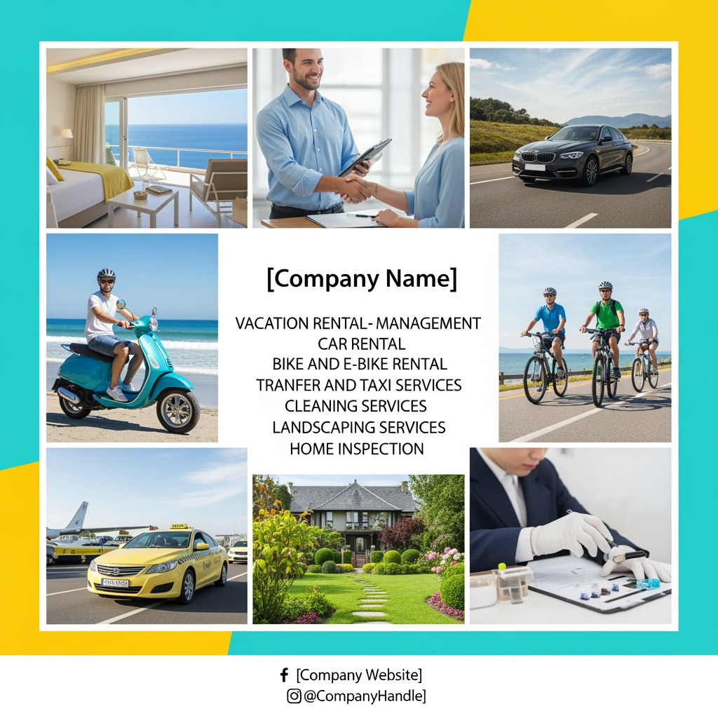 AI Design for Create an Instagram post to let people know that the company in question offers the following services: VACATION RENTAL, MANAGEMENT,
CAR RENTAL,
SCOOTER RENTAL,
BIKE AND E-BIKE RENTAL,
TRANSFER AND TAXI SERVICES,
CLEANING SERVICES,
LANDSCAPING SERVICES,
HOME INSPECTION