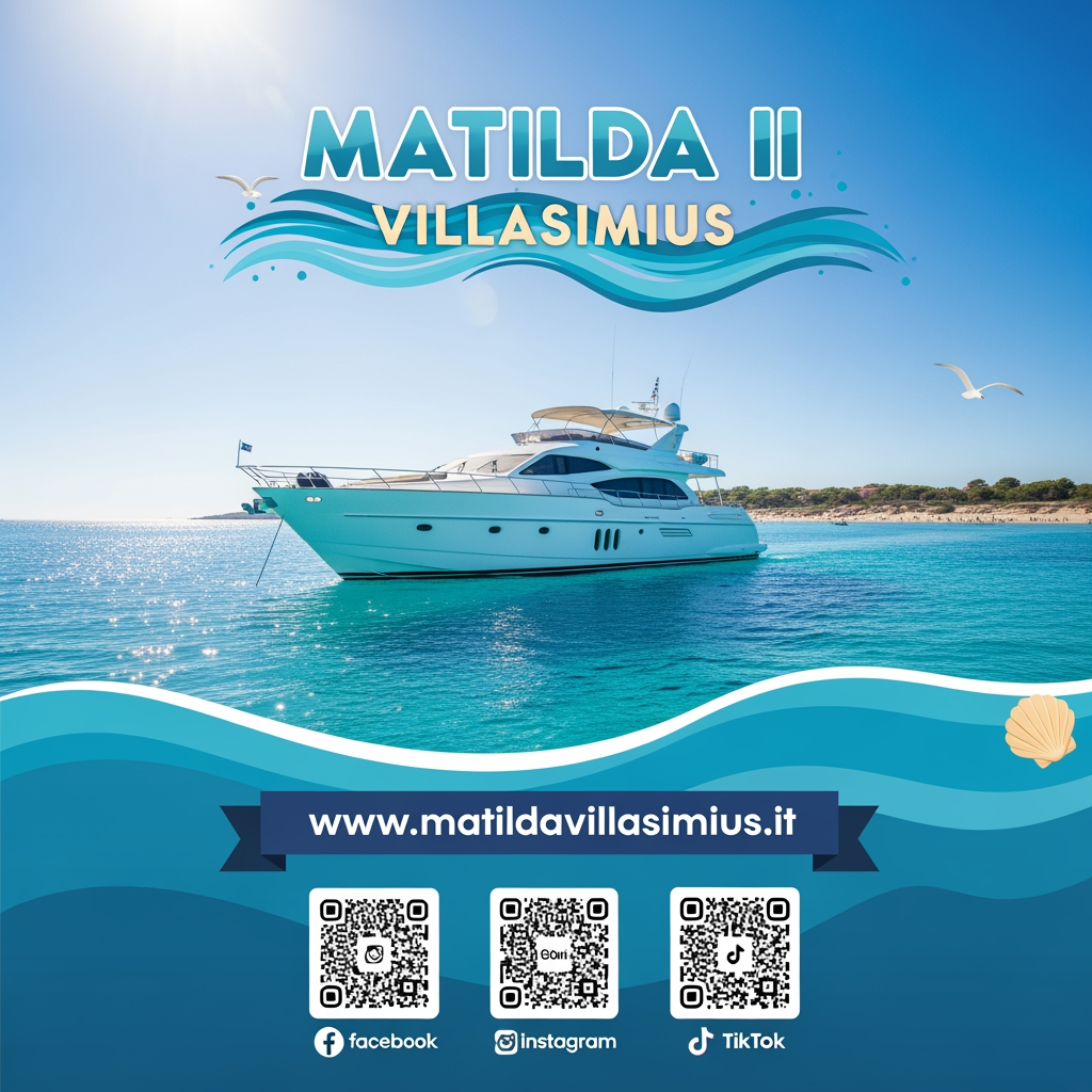 AI Design for Crea un volantino per sponsorizzare Matilda II di Villasimius. Questo è il sito. www.matildavillasimius.it. La grafica deve essere estiva e accativante. Usa almeno una foto di Matilda II. Inserisci tre qrcode che rimandino ai social.