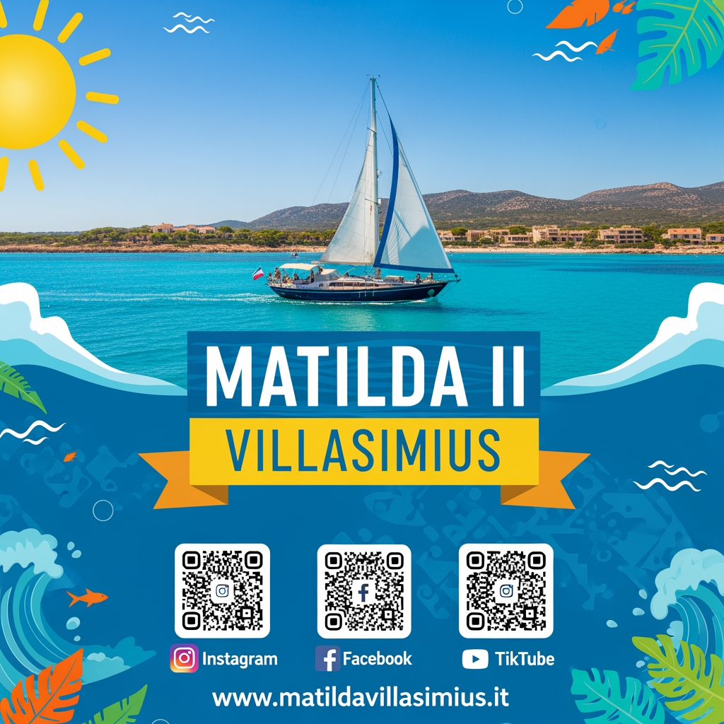 AI Design for Crea un volantino per sponsorizzare Matilda II di Villasimius. Questo è il sito. www.matildavillasimius.it. La grafica deve essere estiva e accativante. Usa almeno una foto di Matilda II. Inserisci tre qrcode che rimandino ai social.