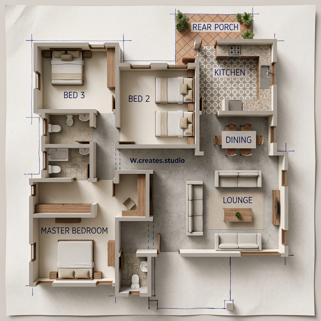 AI Design for make it photorealistic half 3d top view plan