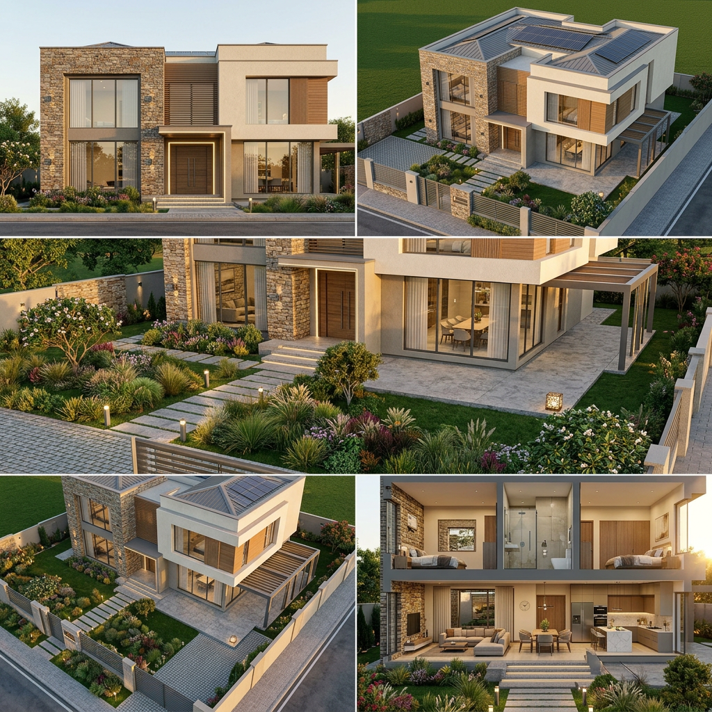 AI Design for Transform the uploaded 2D floor plan into a highly detailed photorealistic 3D architectural visualization. Accurately interpret all room dimensions, wall placements, doors, windows, and circulation spaces from the floor plan. Create a complete exterior and interior model with realistic proportions and construction details.
Architectural Style: Modern luxury residence with elegant contemporary design.
Exterior Features:
High-quality facade materials (stone cladding, textured paint, wood accents, glass railings).
Realistic roofing system and architectural detailing.
Large windows with reflective glass.
Modern entrance design with steps and feature lighting.
Landscape Design:
Professionally designed front and side gardens.
Lush green lawn with natural grass.
Decorative shrubs, flowering plants, and ornamental trees.
Stone pathways and paved driveway.
Outdoor seating area/pergola.
Landscape lighting integrated into pathways and planting beds.
Boundary walls and entrance gate matching the architecture.
Rendering Requirements:
Ultra-realistic materials and textures.
Global illumination and ray-traced lighting.
Golden hour sunlight with soft shadows.
High-resolution architectural visualization.
Realistic sky, reflections, and environmental details.
Professional architectural photography composition.
8K quality, cinematic rendering, V-Ray/Corona style visualization.
Generate multiple camera angles including front elevation, aerial view, garden perspective, and street-level view.