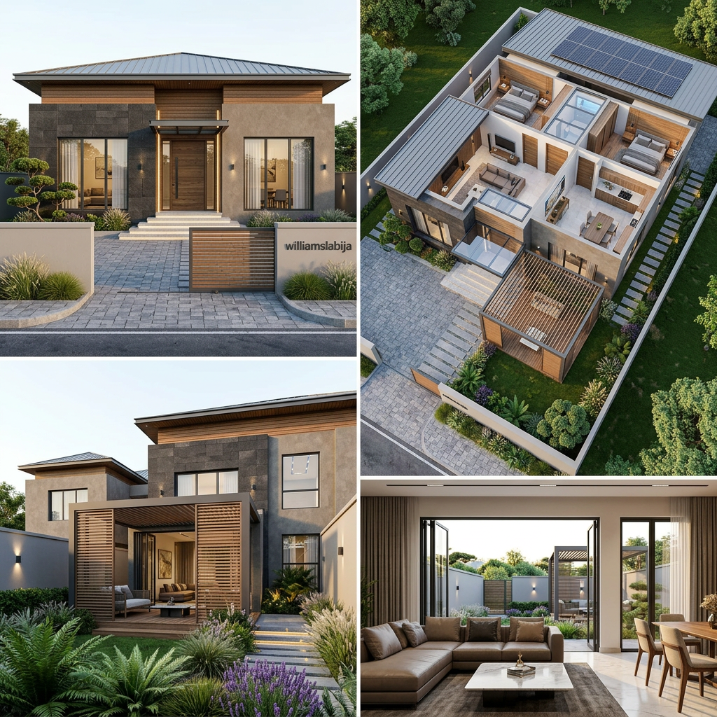 AI Design for Transform the uploaded 2D floor plan into a highly detailed photorealistic 3D architectural visualization. Accurately interpret all room dimensions, wall placements, doors, windows, and circulation spaces from the floor plan. Create a complete exterior and interior model with realistic proportions and construction details.
Architectural Style: Modern luxury residence with elegant contemporary design.
Exterior Features:
High-quality facade materials (stone cladding, textured paint, wood accents, glass railings).
Realistic roofing system and architectural detailing.
Large windows with reflective glass.
Modern entrance design with steps and feature lighting.
Landscape Design:
Professionally designed front and side gardens.
Lush green lawn with natural grass.
Decorative shrubs, flowering plants, and ornamental trees.
Stone pathways and paved driveway.
Outdoor seating area/pergola.
Landscape lighting integrated into pathways and planting beds.
Boundary walls and entrance gate matching the architecture.
Rendering Requirements:
Ultra-realistic materials and textures.
Global illumination and ray-traced lighting.
Golden hour sunlight with soft shadows.
High-resolution architectural visualization.
Realistic sky, reflections, and environmental details.
Professional architectural photography composition.
8K quality, cinematic rendering, V-Ray/Corona style visualization.
Generate multiple camera angles including front elevation, aerial view, garden perspective, and street-level view.