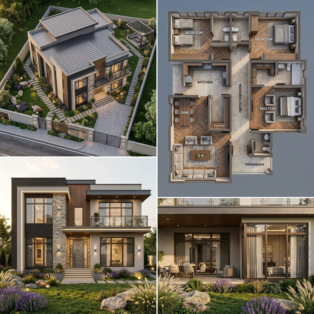 AI Design for Transform the uploaded 2D floor plan into a highly detailed photorealistic 3D architectural visualization. Accurately interpret all room dimensions, wall placements, doors, windows, and circulation spaces from the floor plan. Create a complete exterior and interior model with realistic proportions and construction details.
Architectural Style: Modern luxury residence with elegant contemporary design.
Exterior Features:
High-quality facade materials (stone cladding, textured paint, wood accents, glass railings).
Realistic roofing system and architectural detailing.
Large windows with reflective glass.
Modern entrance design with steps and feature lighting.
Landscape Design:
Professionally designed front and side gardens.
Lush green lawn with natural grass.
Decorative shrubs, flowering plants, and ornamental trees.
Stone pathways and paved driveway.
Outdoor seating area/pergola.
Landscape lighting integrated into pathways and planting beds.
Boundary walls and entrance gate matching the architecture.
Rendering Requirements:
Ultra-realistic materials and textures.
Global illumination and ray-traced lighting.
Golden hour sunlight with soft shadows.
High-resolution architectural visualization.
Realistic sky, reflections, and environmental details.
Professional architectural photography composition.
8K quality, cinematic rendering, V-Ray/Corona style visualization.
Generate multiple camera angles including front elevation, aerial view, garden perspective, and street-level view. roof less also