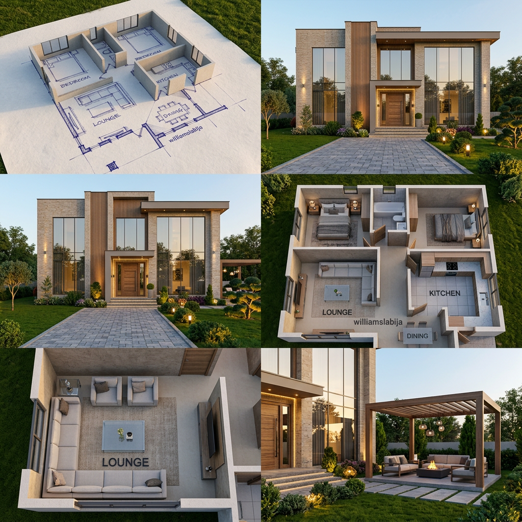AI Design for Transform the uploaded 2D floor plan into a highly detailed photorealistic 3D architectural visualization. Accurately interpret all room dimensions, wall placements, doors, windows, and circulation spaces from the floor plan. Create a complete exterior and interior model with realistic proportions and construction details.
Architectural Style: Modern luxury residence with elegant contemporary design.
Exterior Features:
High-quality facade materials (stone cladding, textured paint, wood accents, glass railings).
Realistic roofing system and architectural detailing.
Large windows with reflective glass.
Modern entrance design with steps and feature lighting.
Landscape Design:
Professionally designed front and side gardens.
Lush green lawn with natural grass.
Decorative shrubs, flowering plants, and ornamental trees.
Stone pathways and paved driveway.
Outdoor seating area/pergola.
Landscape lighting integrated into pathways and planting beds.
Boundary walls and entrance gate matching the architecture.
Rendering Requirements:
Ultra-realistic materials and textures.
Global illumination and ray-traced lighting.
Golden hour sunlight with soft shadows.
High-resolution architectural visualization.
Realistic sky, reflections, and environmental details.
Professional architectural photography composition.
8K quality, cinematic rendering, V-Ray/Corona style visualization.
Generate multiple camera angles including front elevation, aerial view, garden perspective, and street-level view. roof less also make a video also