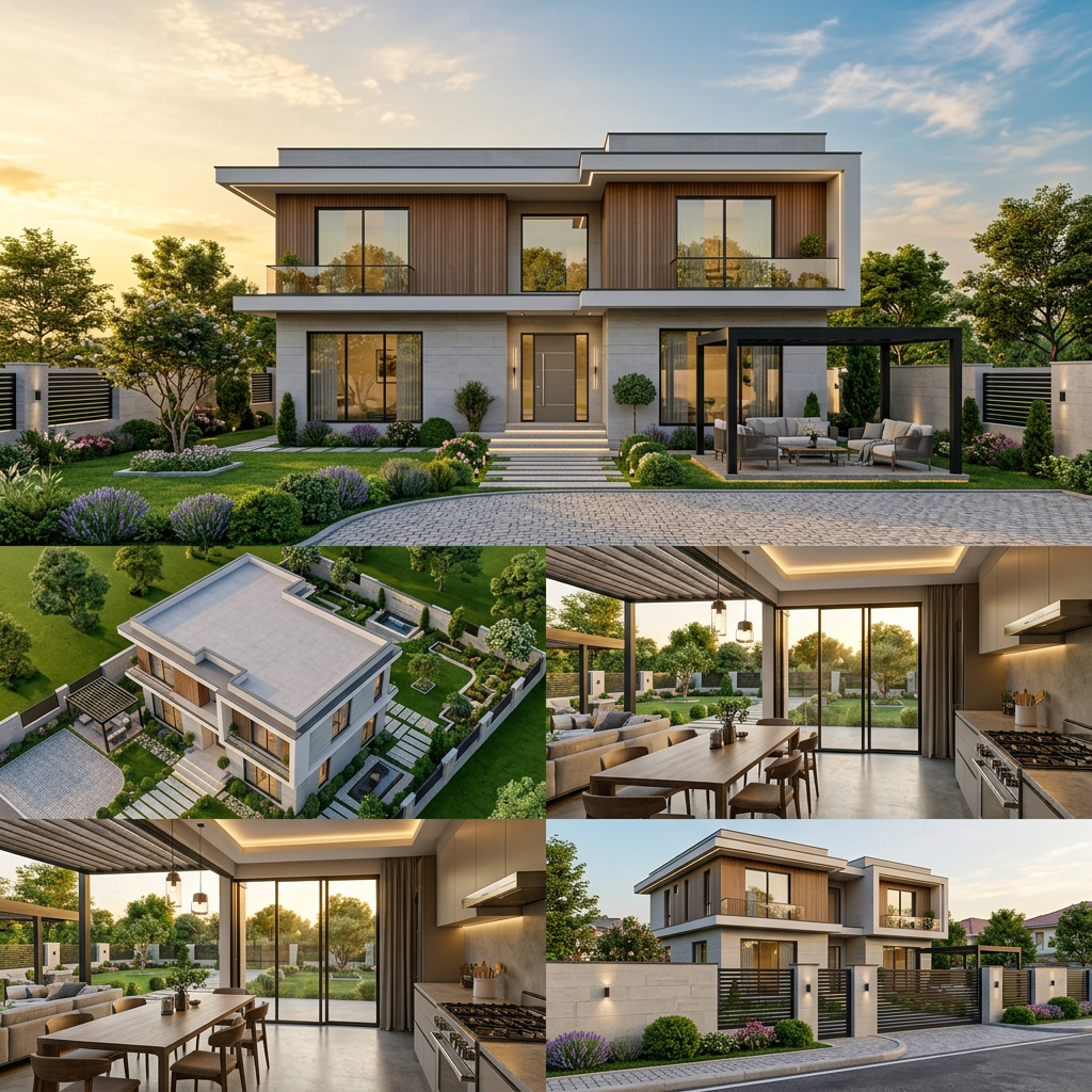 AI Design for Transform the uploaded 2D floor plan into a highly detailed photorealistic 3D architectural visualization. Accurately interpret all room dimensions, wall placements, doors, windows, and circulation spaces from the floor plan. Create a complete exterior and interior model with realistic proportions and construction details.
Architectural Style: Modern luxury residence with elegant contemporary design.
Exterior Features:
High-quality facade materials (stone cladding, textured paint, wood accents, glass railings).
Realistic roofing system and architectural detailing.
Large windows with reflective glass.
Modern entrance design with steps and feature lighting.
Landscape Design:
Professionally designed front and side gardens.
Lush green lawn with natural grass.
Decorative shrubs, flowering plants, and ornamental trees.
Stone pathways and paved driveway.
Outdoor seating area/pergola.
Landscape lighting integrated into pathways and planting beds.
Boundary walls and entrance gate matching the architecture.
Rendering Requirements:
Ultra-realistic materials and textures.
Global illumination and ray-traced lighting.
Golden hour sunlight with soft shadows.
High-resolution architectural visualization.
Realistic sky, reflections, and environmental details.
Professional architectural photography composition.
8K quality, cinematic rendering, V-Ray/Corona style visualization.
Generate multiple camera angles including front elevation, aerial view, garden perspective, and street-level view.