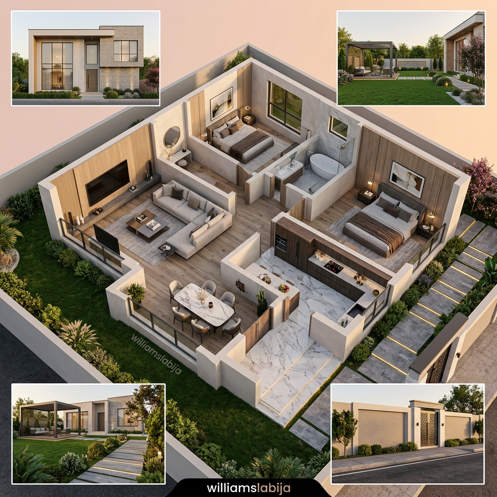 AI Design for Transform the uploaded 2D floor plan into a highly detailed photorealistic 3D architectural visualization. Accurately interpret all room dimensions, wall placements, doors, windows, and circulation spaces from the floor plan. Create a complete exterior and interior model with realistic proportions and construction details.
Architectural Style: Modern luxury residence with elegant contemporary design.
Exterior Features:
High-quality facade materials (stone cladding, textured paint, wood accents, glass railings).
Realistic roofing system and architectural detailing.
Large windows with reflective glass.
Modern entrance design with steps and feature lighting.
Landscape Design:
Professionally designed front and side gardens.
Lush green lawn with natural grass.
Decorative shrubs, flowering plants, and ornamental trees.
Stone pathways and paved driveway.
Outdoor seating area/pergola.
Landscape lighting integrated into pathways and planting beds.
Boundary walls and entrance gate matching the architecture.
Rendering Requirements:
Ultra-realistic materials and textures.
Global illumination and ray-traced lighting.
Golden hour sunlight with soft shadows.
High-resolution architectural visualization.
Realistic sky, reflections, and environmental details.
Professional architectural photography composition.
8K quality, cinematic rendering, V-Ray/Corona style visualization.
Generate multiple camera angles including front elevation, aerial view, garden perspective, and street-level view. roof less also make a video also
