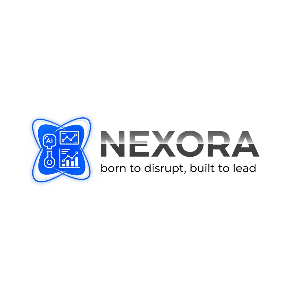 AI Design for Modern corporate logo for a team named "NEXORA". Flat vector design, bold futuristic typography. Include the tagline "born to disrupt, built to lead" in a clean, smaller sans-serif font below the main text. Color palette: charcoal gray, electric blue, and metallic silver. Clean lines, minimalist aesthetic, stark white background. High-end branding icon next to the typography. with adding AI tool and market analysation and graph and some aura forming unique design