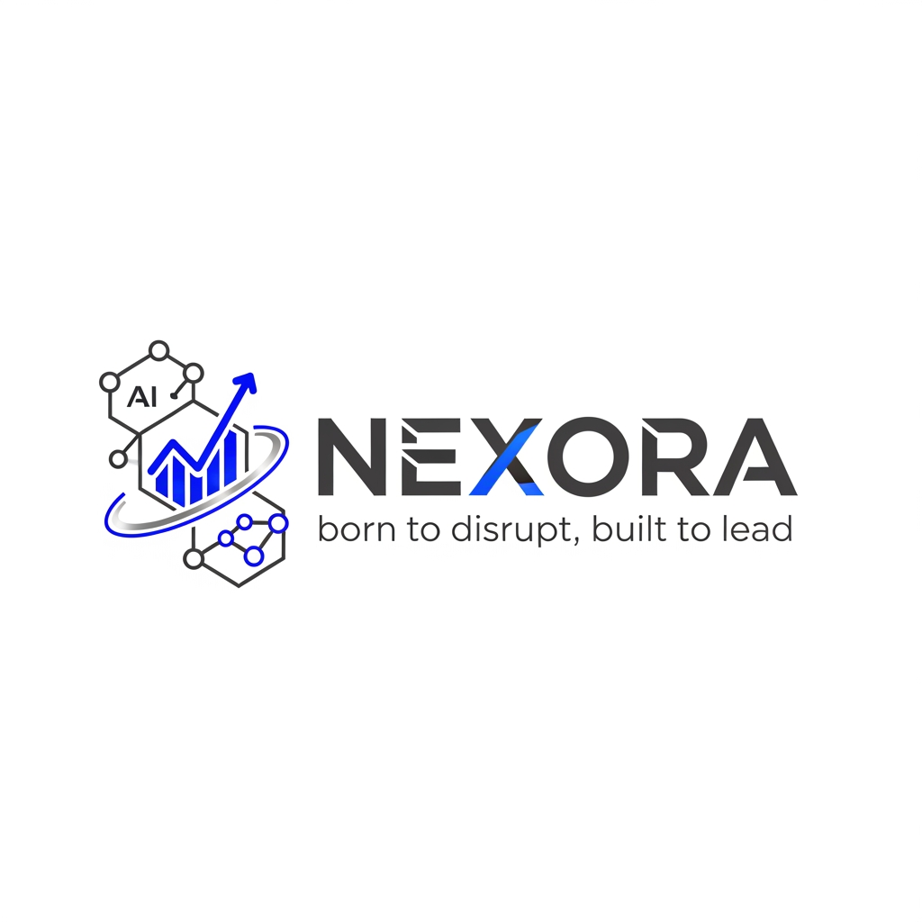 AI Design for Modern corporate logo for a team named "NEXORA". Flat vector design, bold futuristic typography. Include the tagline "born to disrupt, built to lead" in a clean, smaller sans-serif font below the main text. Color palette: charcoal gray, electric blue, and metallic silver. Clean lines, minimalist aesthetic, stark white background. High-end branding icon next to the typography. with adding AI tool and market analysation and graph and some aura forming unique design