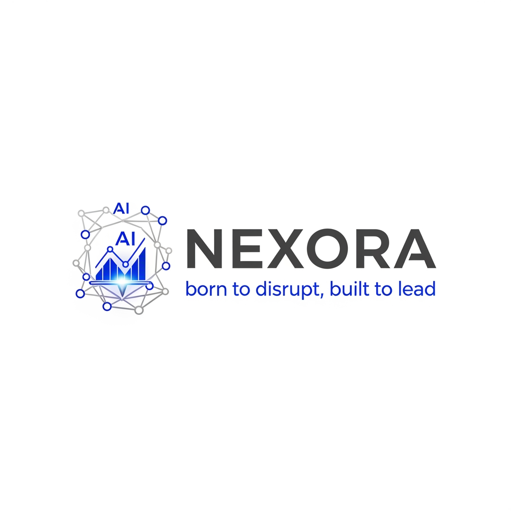 AI Design for Modern corporate logo for a team named "NEXORA". Flat vector design, bold futuristic typography. Include the tagline "born to disrupt, built to lead" in a clean, smaller sans-serif font below the main text. Color palette: charcoal gray, electric blue, and metallic silver. Clean lines, minimalist aesthetic, stark white background. High-end branding icon next to the typography. with adding AI tool and market analysation and graph and some aura forming unique design