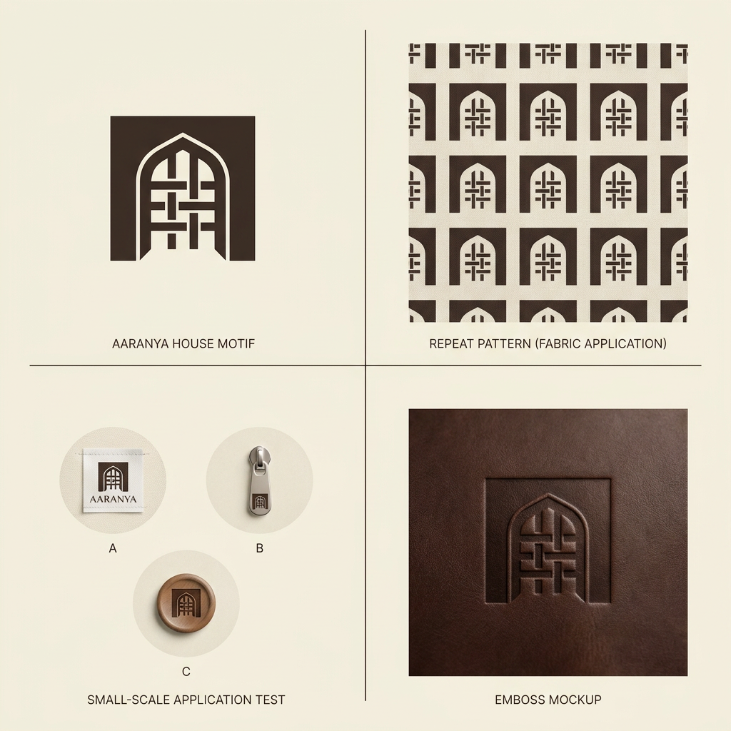 AI Design for THIS IS MY MOODBOARD NOW Act as a world-class luxury identity designer creating a bespoke house motif for AARANYA, a contemporary Indian luxury fashion house.
Objective:
Design a timeless luxury house motif that becomes AARANYA’s permanent visual signature, similar in strategic value to Loewe’s Anagram or Bottega Veneta’s Intrecciato.
This is NOT a decorative pattern.
This is a memorable house code.
Core Concept:
The motif should express only three primary ideas:
Threshold
Representing entry, discovery, and sanctuary.
Weaving Grid
Representing Indian craftsmanship, handloom structure, and artisanal precision.
Depth Through Negative Space
Representing the feeling of moving deeper into a quiet forest.
Important:
Do NOT combine too many visual ideas.
Prioritize simplicity and memorability.
Design Language:
Create a minimal geometric symbol built from:
1 primary architectural silhouette
2–4 structural internal lines
strong negative space
modular proportions
clean symmetry or controlled asymmetry
Visual Characteristics:
ultra minimal
instantly recognizable
easy to remember
iconic silhouette
timeless
quiet luxury
editorial sophistication
highly refined geometry
The motif should feel:
discovered, not designed
ancient, yet modern
premium, not decorative
Hard Constraints:
The motif must work at extremely small sizes:
12 mm garment label
zipper pull
button engraving
leather embossing
foil stamp
If internal details disappear at small scale, simplify further.
Maximum complexity rule:
The motif should be understandable within 2–3 seconds.
Avoid intricate detailing.
Avoid Completely:
leaves
trees
flowers
paisleys
mandalas
floral motifs
sacred geometry overload
ornamental Indian design
excessive linework
decorative complexity
Visual References:
Think closer to:
Loewe logo simplicity
The Row restraint
Toteme geometry
Lemaire subtlety
architectural floor plans
stepwell silhouettes
Color:
Dark Espresso artwork
Warm Cream background
Presentation:
Show only:
Master motif
Simplified repeat pattern
Small-scale application test
Emboss mockup
The final motif should feel so simple and iconic that someone can recall and sketch it from memory after seeing it once.