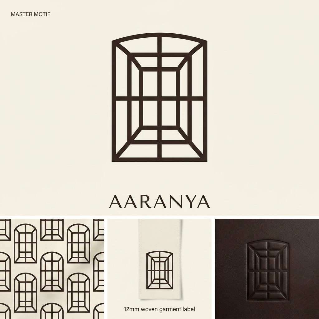 AI Design for THIS IS MY MOODBOARD NOW Act as a world-class luxury identity designer creating a bespoke house motif for AARANYA, a contemporary Indian luxury fashion house.
Objective:
Design a timeless luxury house motif that becomes AARANYA’s permanent visual signature, similar in strategic value to Loewe’s Anagram or Bottega Veneta’s Intrecciato.
This is NOT a decorative pattern.
This is a memorable house code.
Core Concept:
The motif should express only three primary ideas:
Threshold
Representing entry, discovery, and sanctuary.
Weaving Grid
Representing Indian craftsmanship, handloom structure, and artisanal precision.
Depth Through Negative Space
Representing the feeling of moving deeper into a quiet forest.
Important:
Do NOT combine too many visual ideas.
Prioritize simplicity and memorability.
Design Language:
Create a minimal geometric symbol built from:
1 primary architectural silhouette
2–4 structural internal lines
strong negative space
modular proportions
clean symmetry or controlled asymmetry
Visual Characteristics:
ultra minimal
instantly recognizable
easy to remember
iconic silhouette
timeless
quiet luxury
editorial sophistication
highly refined geometry
The motif should feel:
discovered, not designed
ancient, yet modern
premium, not decorative
Hard Constraints:
The motif must work at extremely small sizes:
12 mm garment label
zipper pull
button engraving
leather embossing
foil stamp
If internal details disappear at small scale, simplify further.
Maximum complexity rule:
The motif should be understandable within 2–3 seconds.
Avoid intricate detailing.
Avoid Completely:
leaves
trees
flowers
paisleys
mandalas
floral motifs
sacred geometry overload
ornamental Indian design
excessive linework
decorative complexity
Visual References:
Think closer to:
Loewe logo simplicity
The Row restraint
Toteme geometry
Lemaire subtlety
architectural floor plans
stepwell silhouettes
Color:
Dark Espresso artwork
Warm Cream background
Presentation:
Show only:
Master motif
Simplified repeat pattern
Small-scale application test
Emboss mockup
The final motif should feel so simple and iconic that someone can recall and sketch it from memory after seeing it once.
