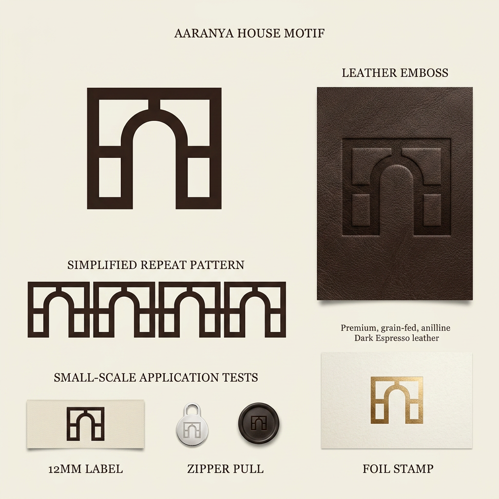 AI Design for THIS IS MY MOODBOARD NOW Act as a world-class luxury identity designer creating a bespoke house motif for AARANYA, a contemporary Indian luxury fashion house.
Objective:
Design a timeless luxury house motif that becomes AARANYA’s permanent visual signature, similar in strategic value to Loewe’s Anagram or Bottega Veneta’s Intrecciato.
This is NOT a decorative pattern.
This is a memorable house code.
Core Concept:
The motif should express only three primary ideas:
Threshold
Representing entry, discovery, and sanctuary.
Weaving Grid
Representing Indian craftsmanship, handloom structure, and artisanal precision.
Depth Through Negative Space
Representing the feeling of moving deeper into a quiet forest.
Important:
Do NOT combine too many visual ideas.
Prioritize simplicity and memorability.
Design Language:
Create a minimal geometric symbol built from:
1 primary architectural silhouette
2–4 structural internal lines
strong negative space
modular proportions
clean symmetry or controlled asymmetry
Visual Characteristics:
ultra minimal
instantly recognizable
easy to remember
iconic silhouette
timeless
quiet luxury
editorial sophistication
highly refined geometry
The motif should feel:
discovered, not designed
ancient, yet modern
premium, not decorative
Hard Constraints:
The motif must work at extremely small sizes:
12 mm garment label
zipper pull
button engraving
leather embossing
foil stamp
If internal details disappear at small scale, simplify further.
Maximum complexity rule:
The motif should be understandable within 2–3 seconds.
Avoid intricate detailing.
Avoid Completely:
leaves
trees
flowers
paisleys
mandalas
floral motifs
sacred geometry overload
ornamental Indian design
excessive linework
decorative complexity
Visual References:
Think closer to:
Loewe logo simplicity
The Row restraint
Toteme geometry
Lemaire subtlety
architectural floor plans
stepwell silhouettes
Color:
Dark Espresso artwork
Warm Cream background
Presentation:
Show only:
Master motif
Simplified repeat pattern
Small-scale application test
Emboss mockup
The final motif should feel so simple and iconic that someone can recall and sketch it from memory after seeing it once.