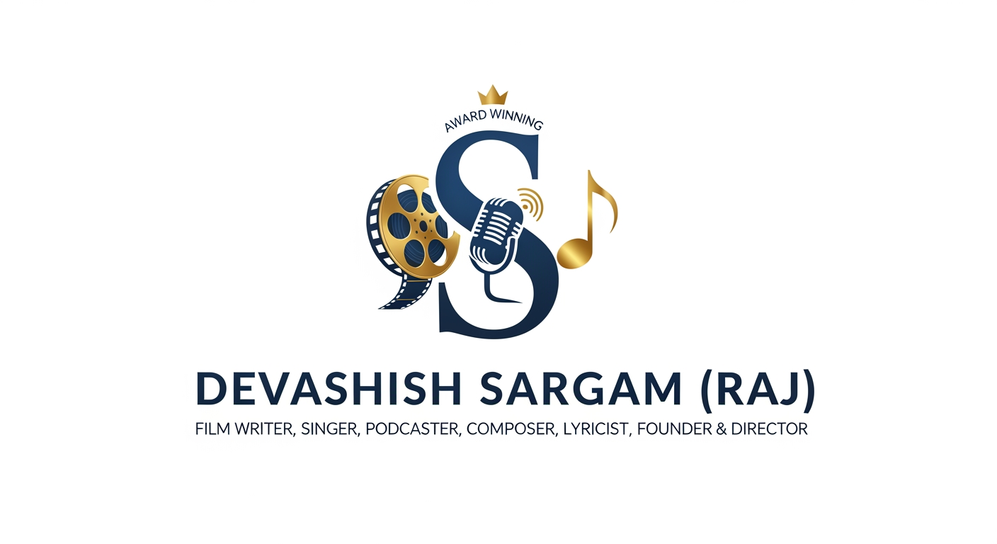 AI Design for give me best logo for Award Winning - Film Writer, Singer, Podcaster, Composer, Lyricist, Founder & Director "Devashish Sargam (Raj)"