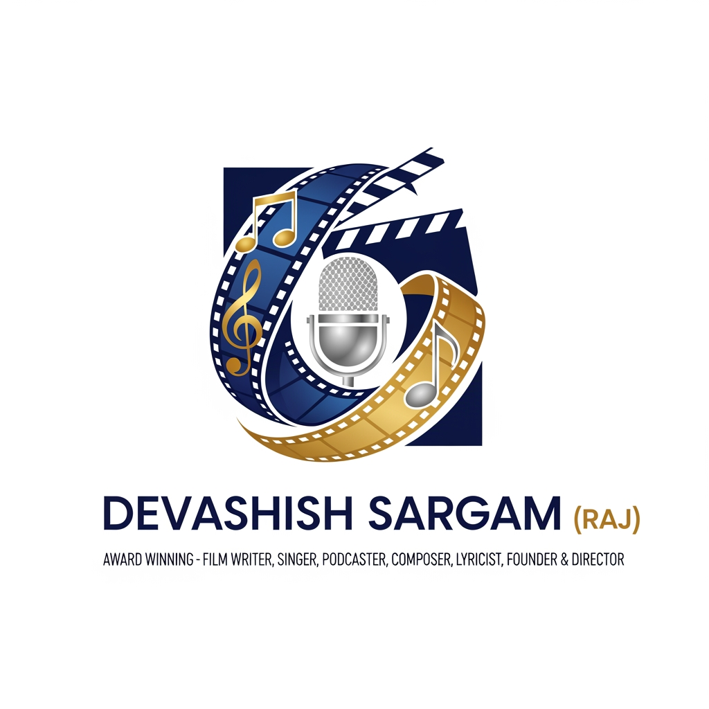 AI Design for give me best logo for Award Winning - Film Writer, Singer, Podcaster, Composer, Lyricist, Founder & Director "Devashish Sargam (Raj)"