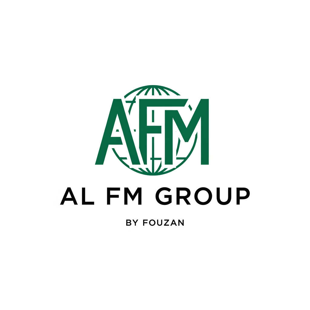 AI Design for Design a premium modern logo for "AL FM GROUP". The logo should symbolize global trade, industrial manufacturing, exports, growth, and trust. Use a geometric monogram combining A, F, and M into one unique symbol. Minimalist, powerful, timeless, Fortune 500 style. Clean vector design, no stock icon, no globe clipart, no handshake icon, no swooshes. Professional black and deep emerald green color palette. Text: "AL FM GROUP" with smaller text below: "By Fouzan". White background.