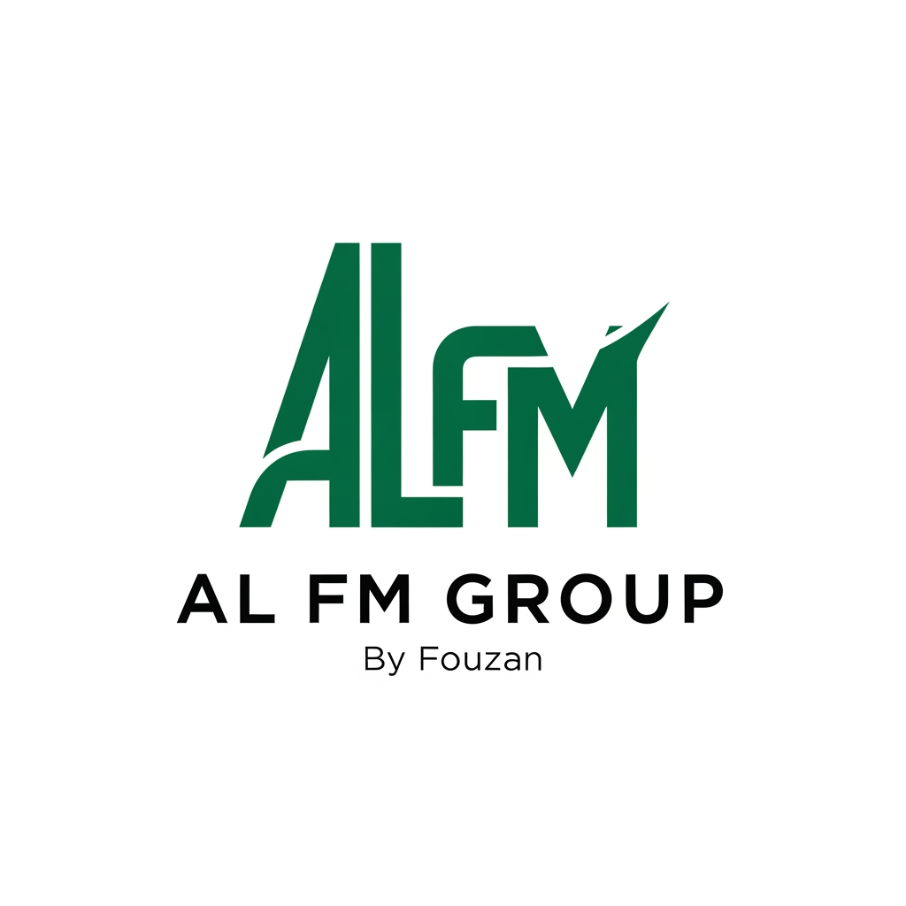 AI Design for Design a premium modern logo for "AL FM GROUP". The logo should symbolize global trade, industrial manufacturing, exports, growth, and trust. Use a geometric monogram combining AL, F, and M into one unique symbol. Minimalist, powerful, timeless, Fortune 500 style. Clean vector design, no stock icon, no globe clipart, no handshake icon, no swooshes. Professional black and deep emerald green color palette. Text: "AL FM GROUP" with smaller text below: "By Fouzan". White background.