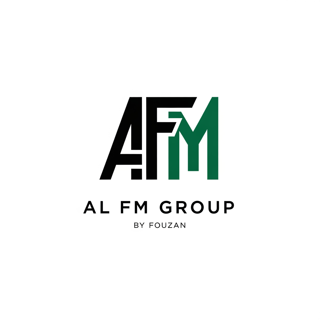 AI Design for Design a premium modern logo for "AL FM GROUP". The logo should symbolize global trade, industrial manufacturing, exports, growth, and trust. Use a geometric monogram combining A, F, and M into one unique symbol. Minimalist, powerful, timeless, Fortune 500 style. Clean vector design, no stock icon, no globe clipart, no handshake icon, no swooshes. Professional black and deep emerald green color palette. Text: "AL FM GROUP" with smaller text below: "By Fouzan". White background.