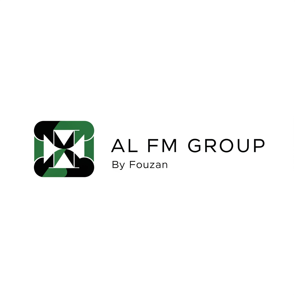 AI Design for Design a world-class holding company logo for AL FM GROUP. The symbol should be abstract and memorable, similar to BlackRock, Berkshire Hathaway, or multinational investment groups. Strong geometric mark, minimal, timeless, suitable for exports, manufacturing, logistics, investments, and future diversification. Black and dark green. Text: AL FM GROUP. Small text below: By Fouzan.