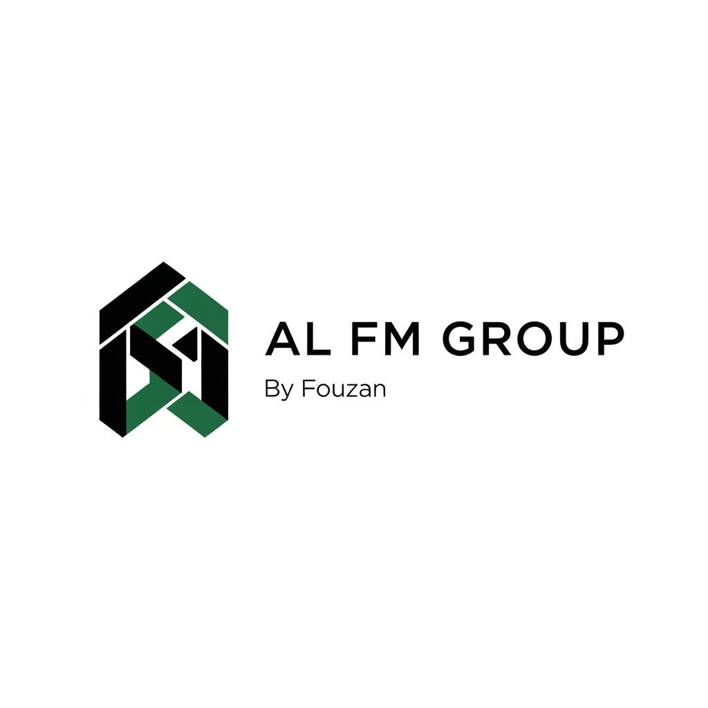 AI Design for Design a world-class holding company logo for AL FM GROUP. The symbol should be abstract and memorable, similar to BlackRock, Berkshire Hathaway, or multinational investment groups. Strong geometric mark, minimal, timeless, suitable for exports, manufacturing, logistics, investments, and future diversification. Black and dark green. Text: AL FM GROUP. Small text below: By Fouzan.